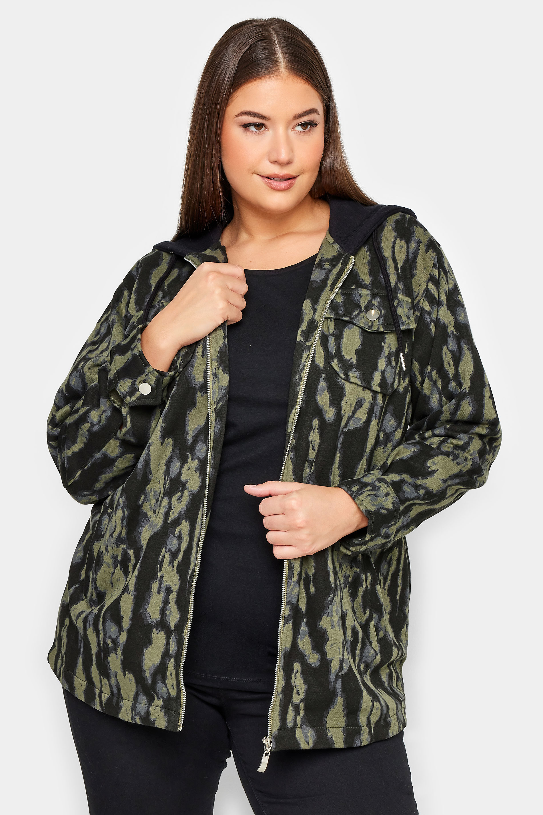 YOURS Plus Size Khaki Green Animal Markings Print Hooded Shacket | Yours Clothing 1