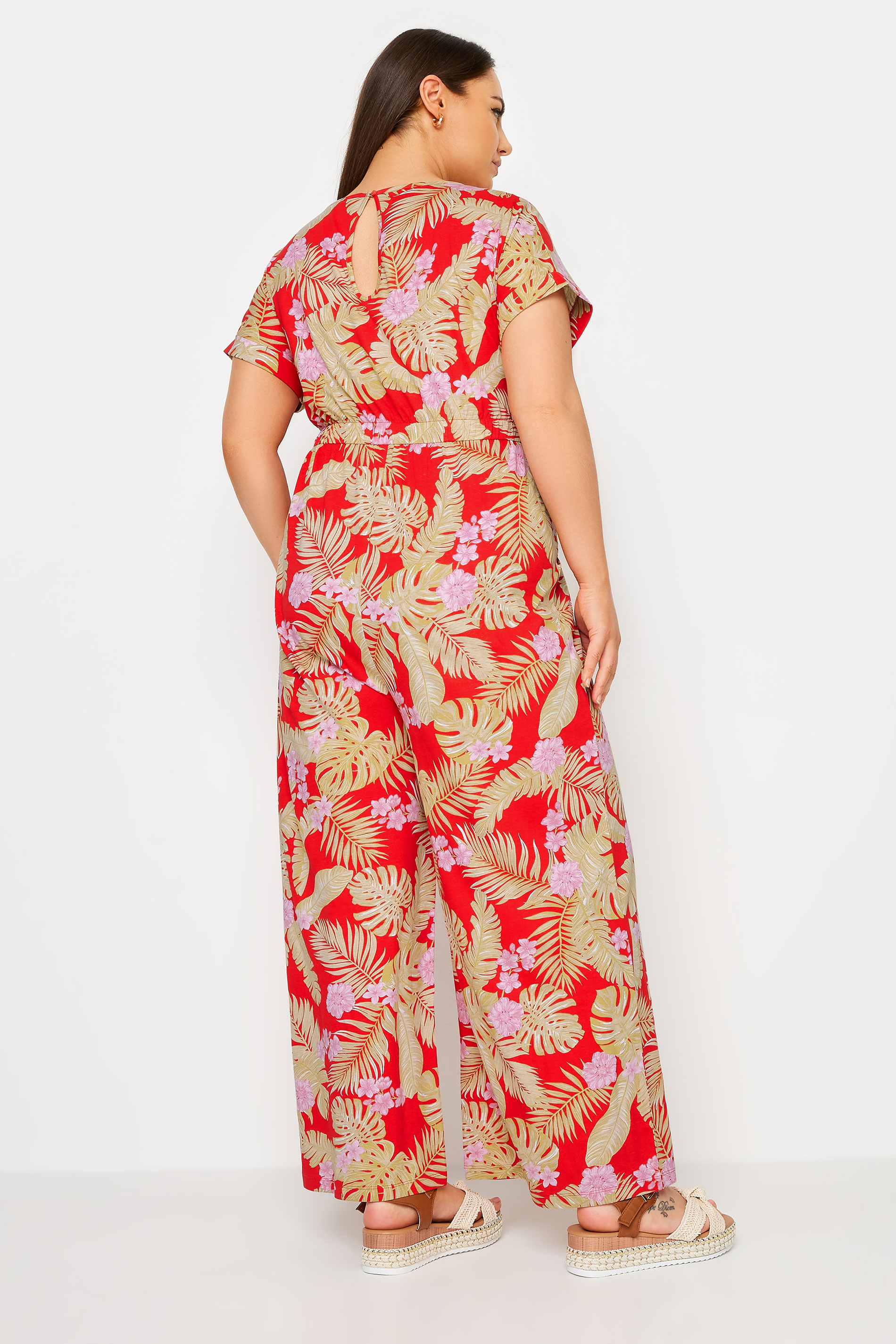 YOURS Plus Size Red Tropical Print Wide Leg Jumpsuit | Yours Clothing 3