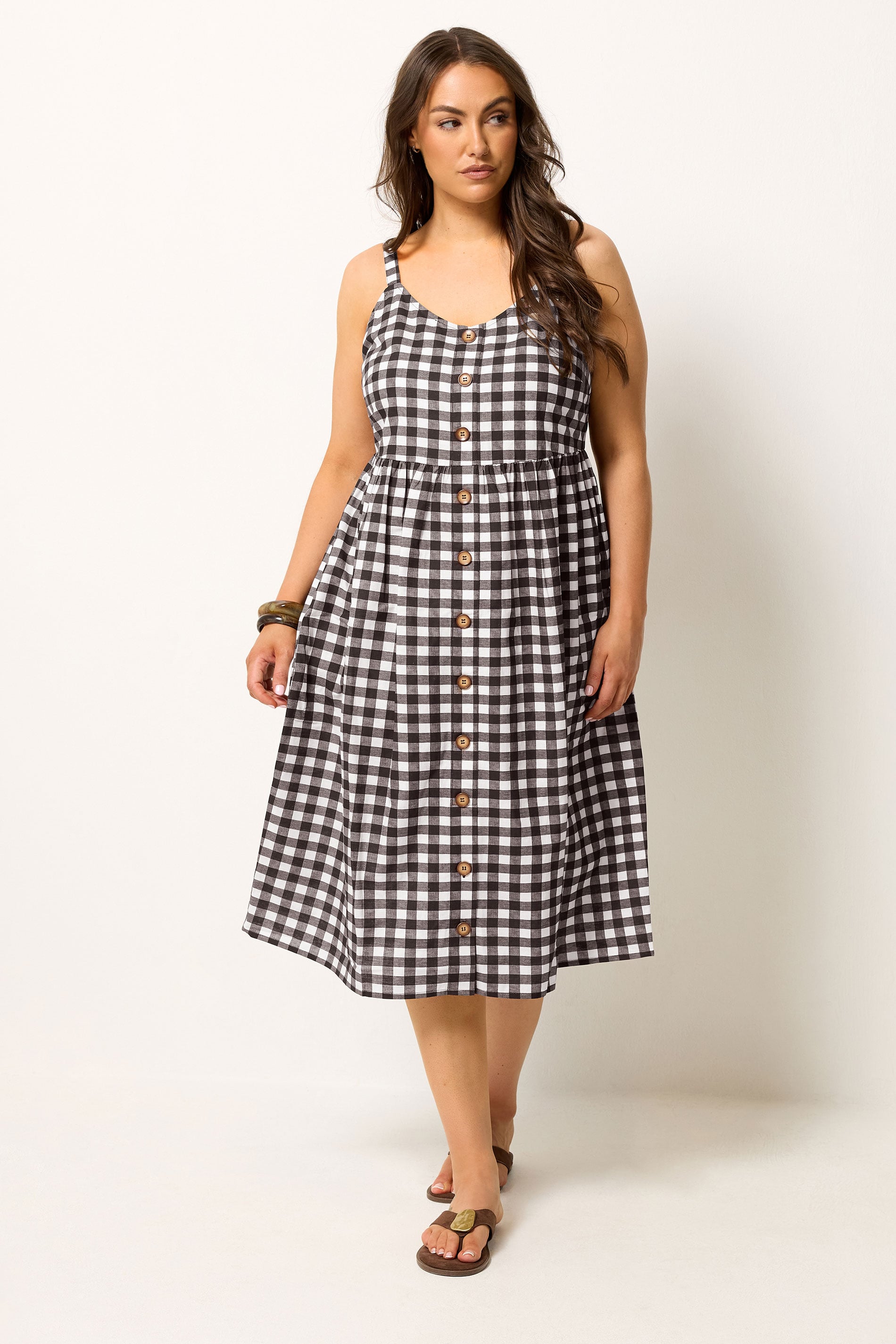 YOURS Plus Size Chocolate Brown Gingham Linen Dress | Yours Clothing 1