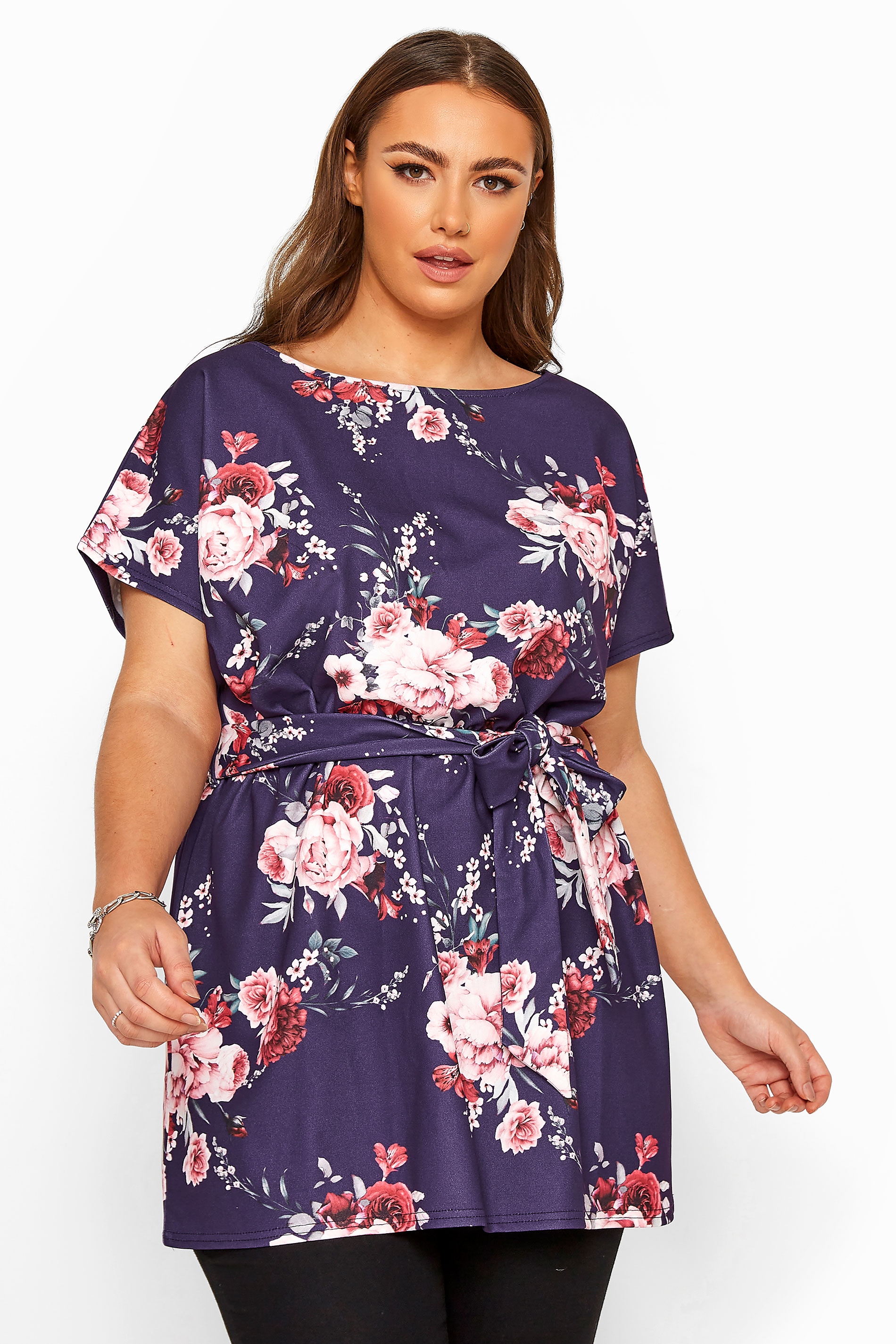 YOURS LONDON Purple Floral Belted Peplum Top | Yours Clothing