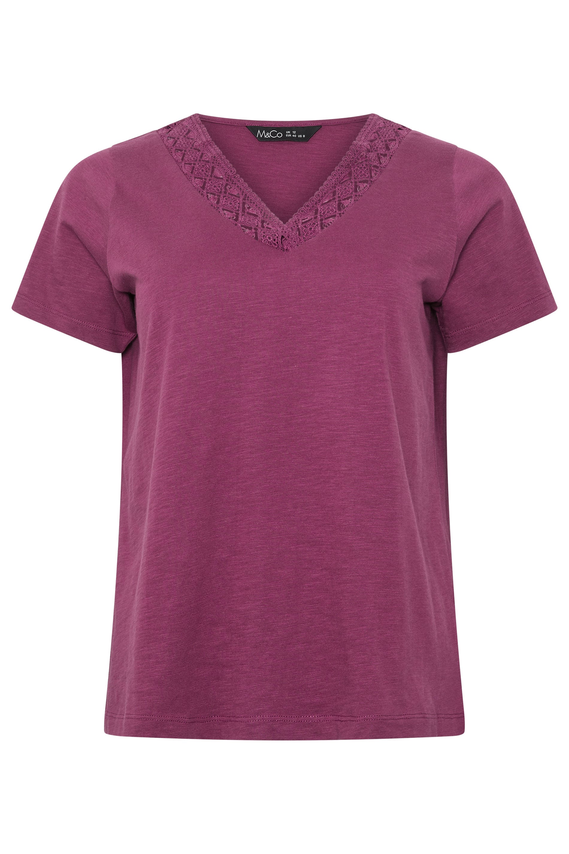 M&Co Berry Purple Lace Trim V-Neck Cotton T-Shirt | M&Co 5