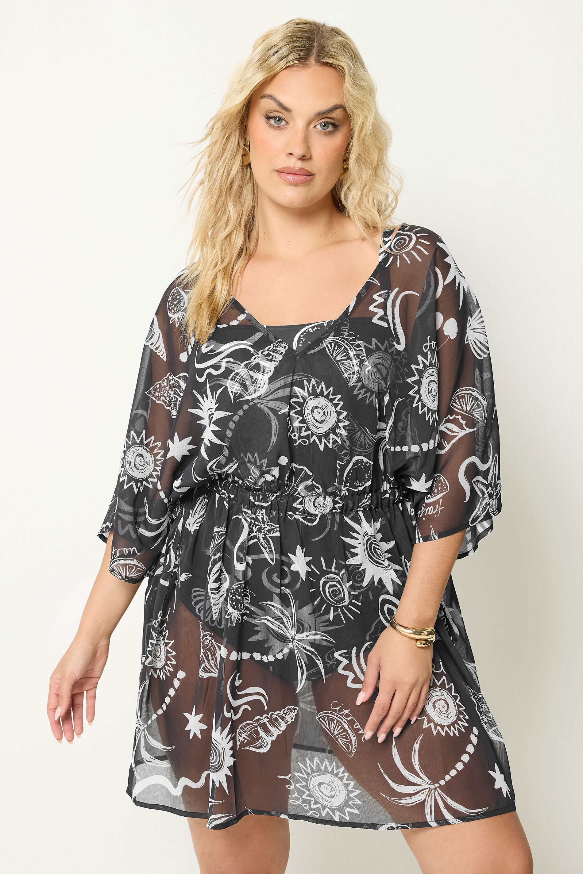 YOURS Plus Size Black Beach Print Mesh Flower Print Beach Kaftan | Yours Clothing 1