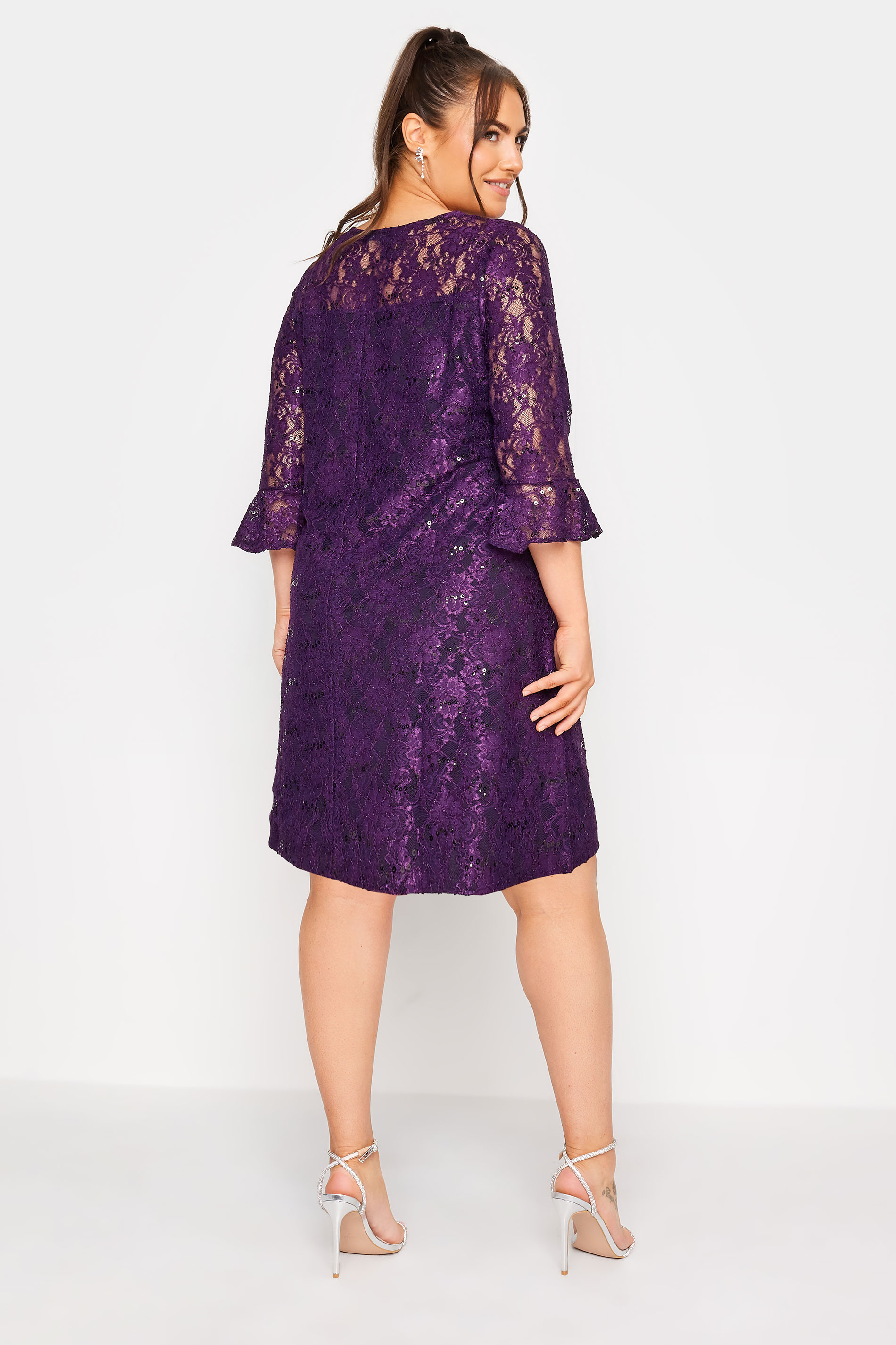 YOURS Plus Size Purple Lace Sequin Embellished Swing Dress | Yours Clothing 3