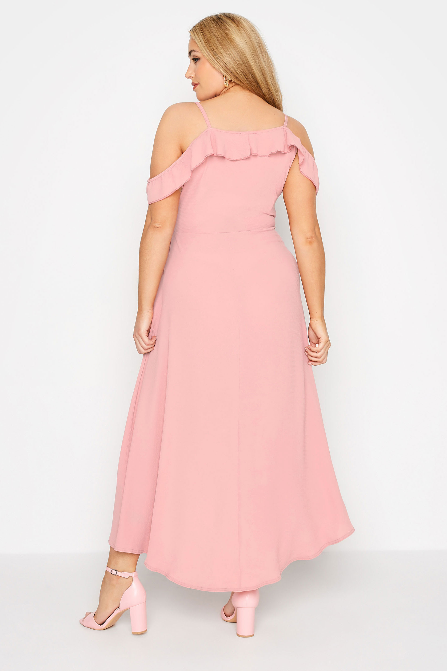 YOURS LONDON Plus Size Pink Ruffle Wrap Cold Shoulder Maxi Dress | Yours Clothing 3