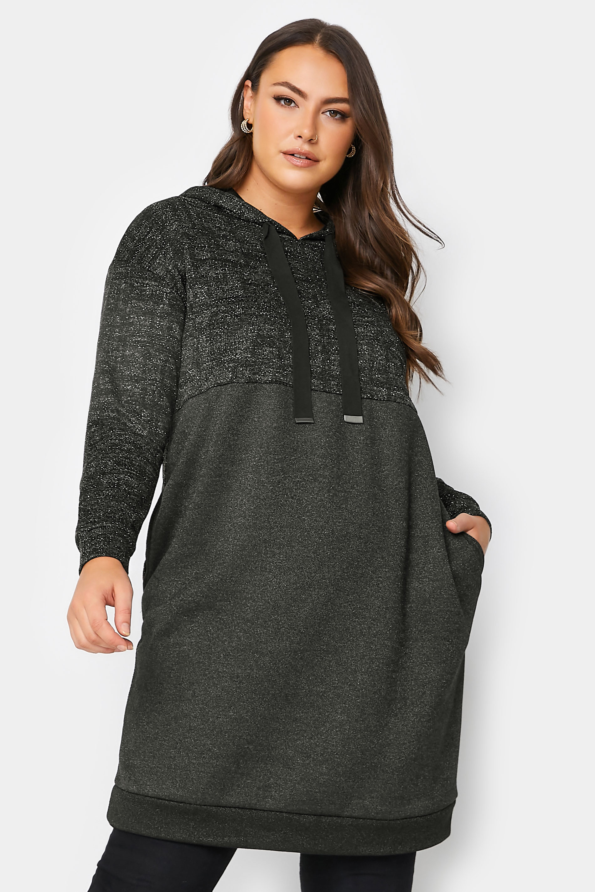 Curve Plus Size Black & Grey Soft Touch Glitter Hoodie Dress | Yours Clothing 1