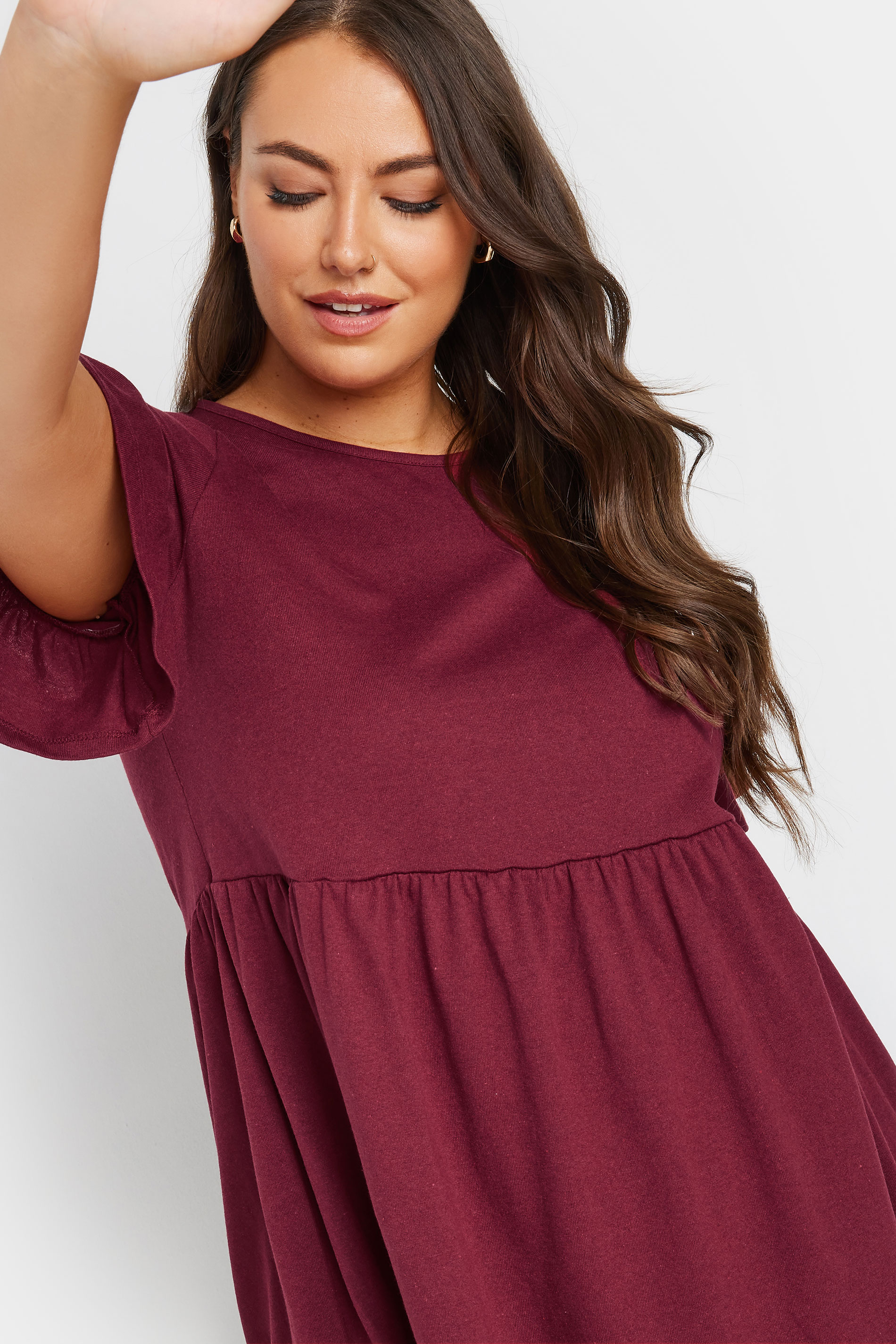 YOURS Plus Size Burgundy Red Frilled Sleeve Smock Dress | Yours Clothing  4