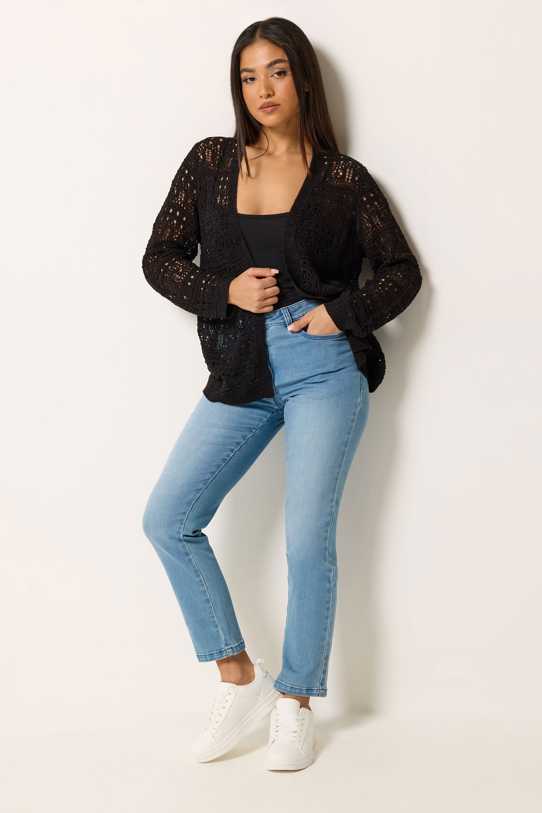M&Co Petite Black Open Front Crochet Cardigan | M&Co 1