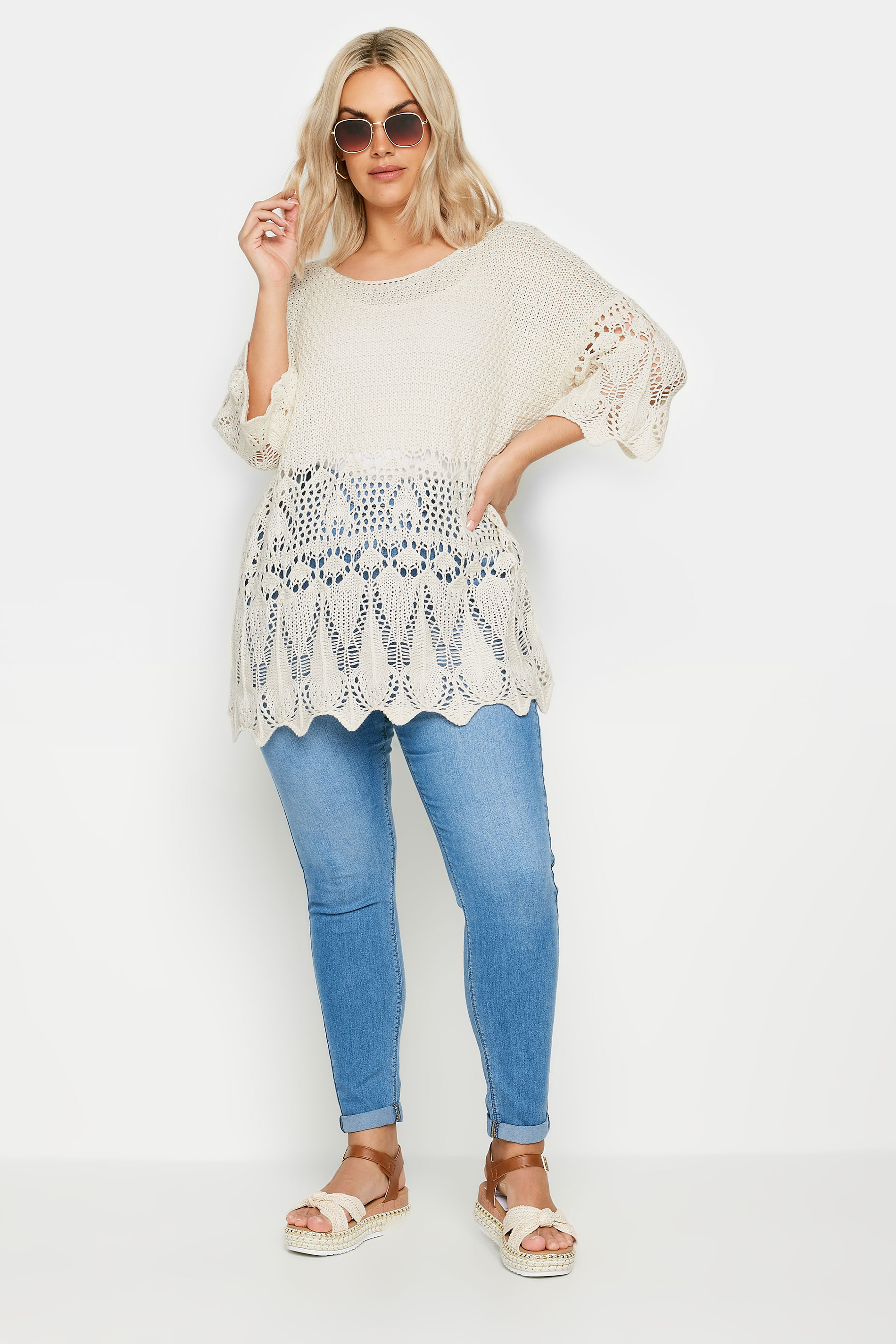 YOURS Plus Size Ivory White Crochet Detail Jumper | Yours Clothing 2