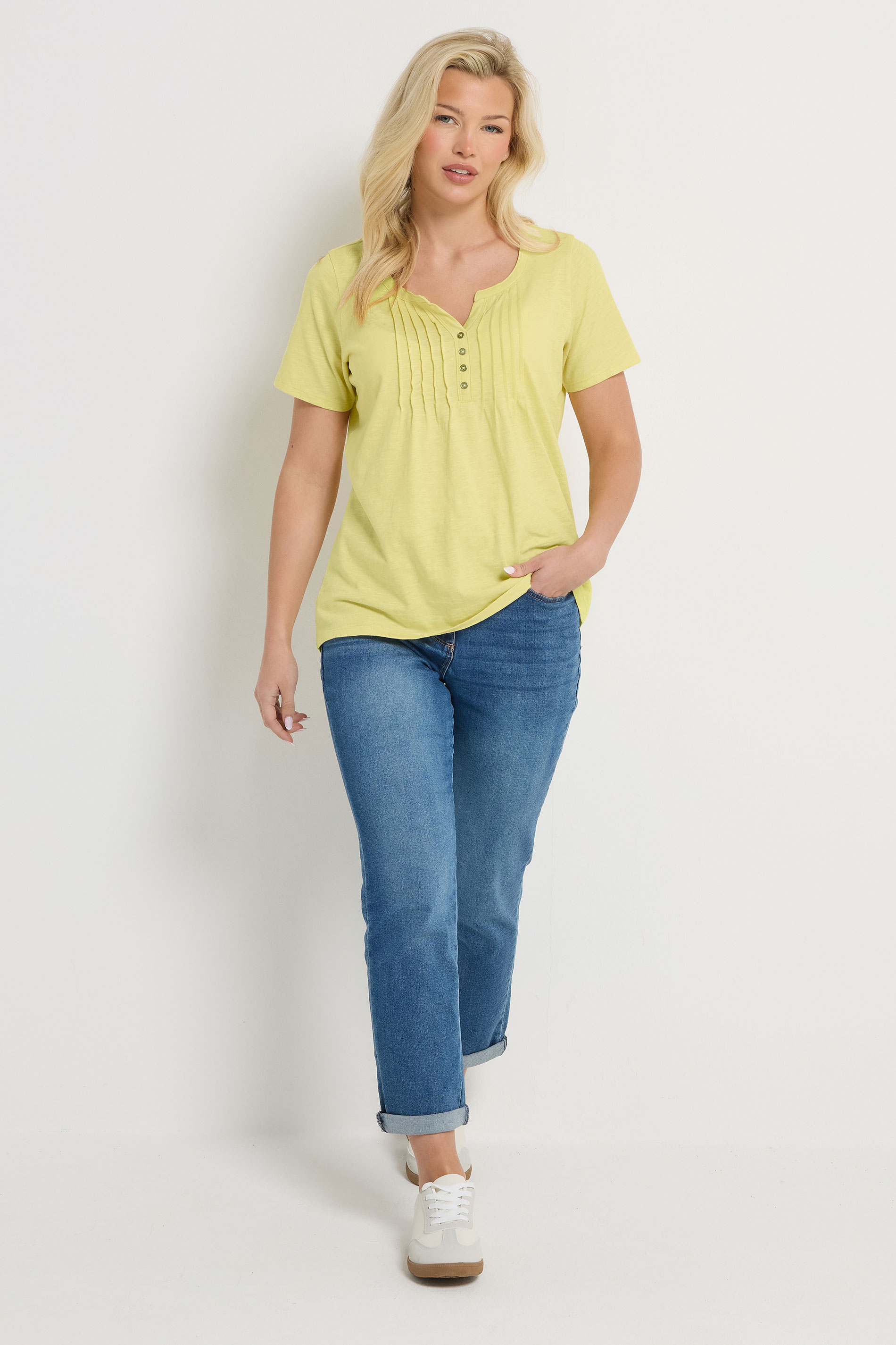 M&Co Lemon Yellow Cotton Short Sleeve Henley Top | M&Co 1