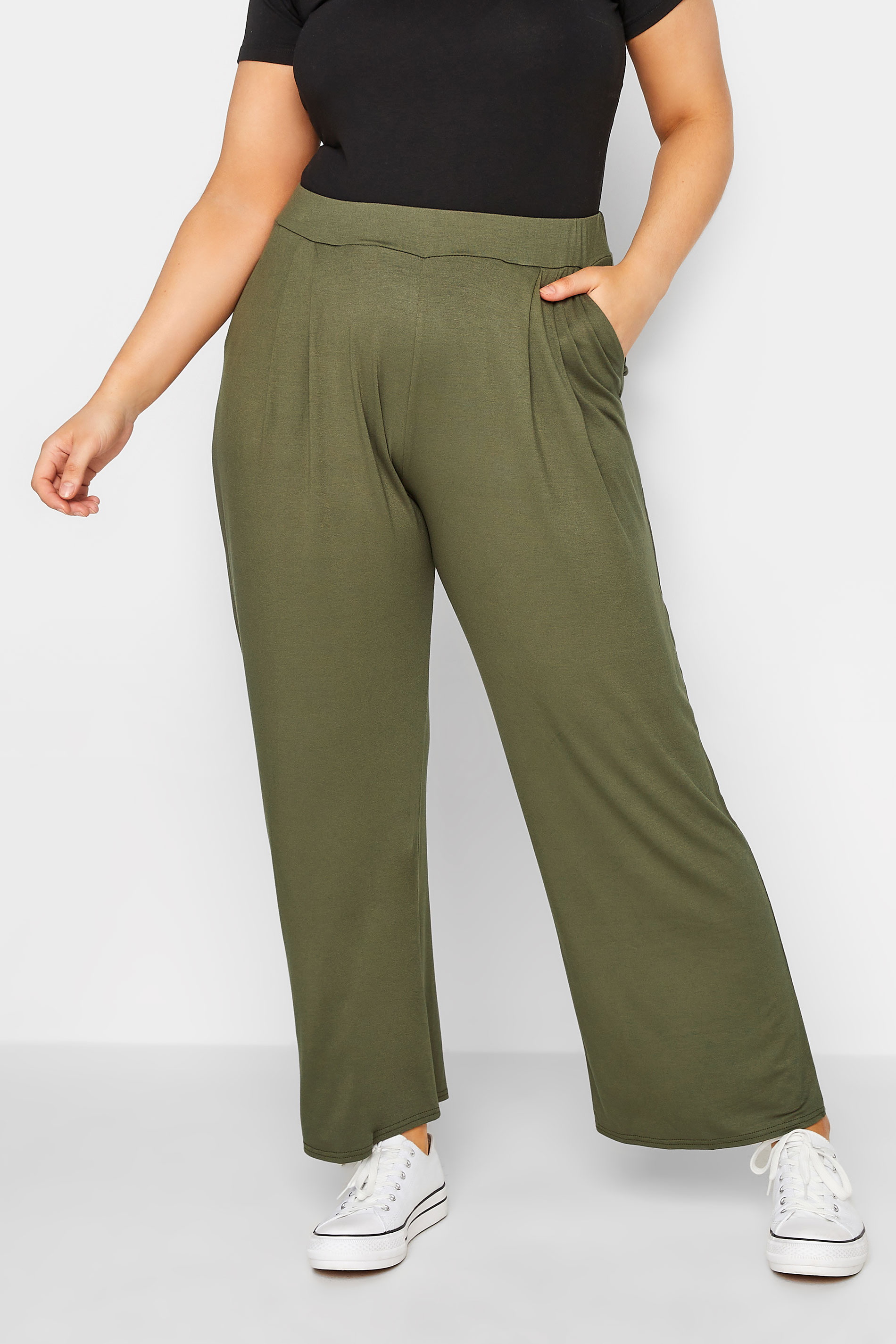 YOURS Plus Size Khaki Green Pleat Front Wide Leg Trousers | Yours Clothing