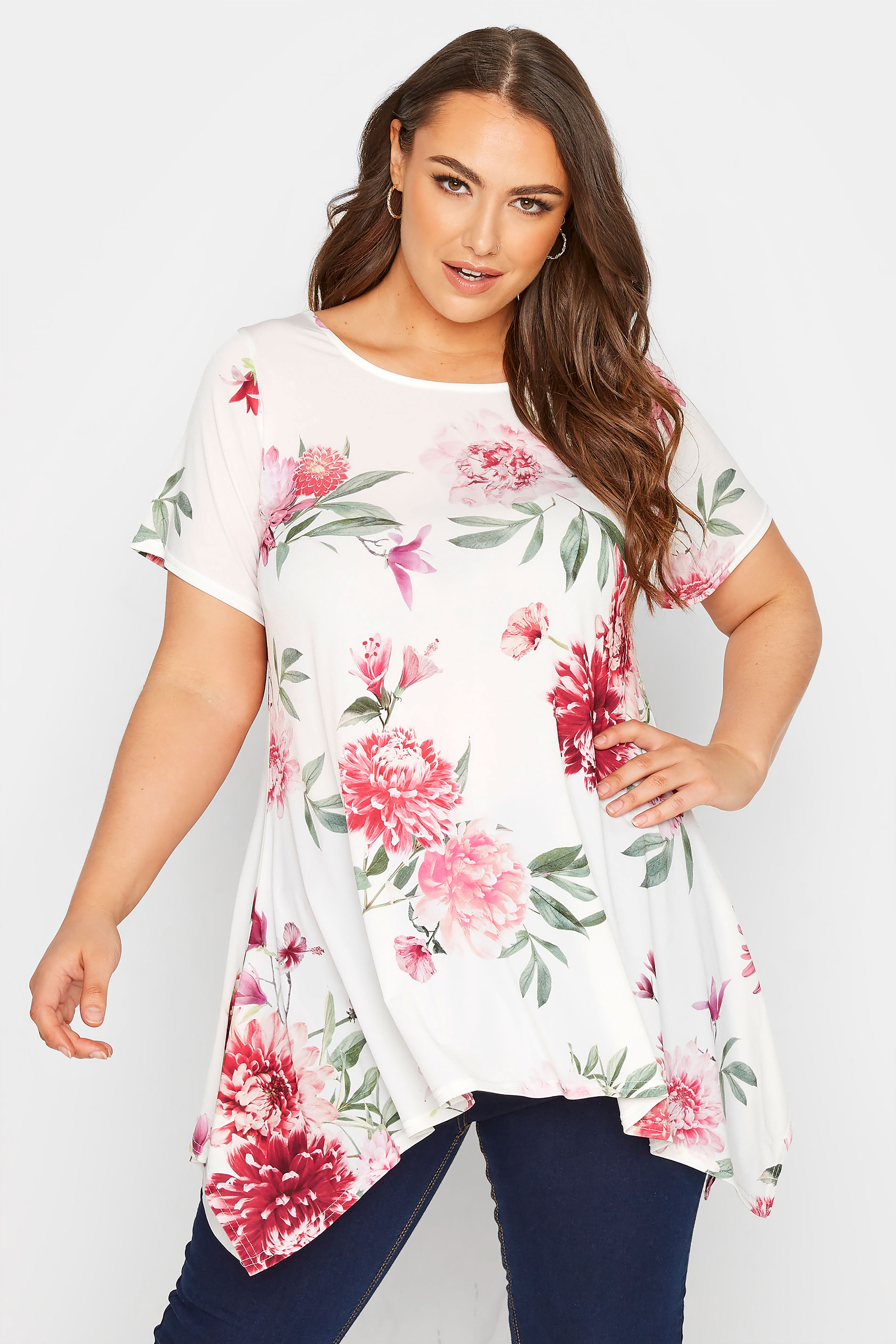YOURS LONDON Plus Size White Floral Hanky Hem Top | Yours Clothing 1