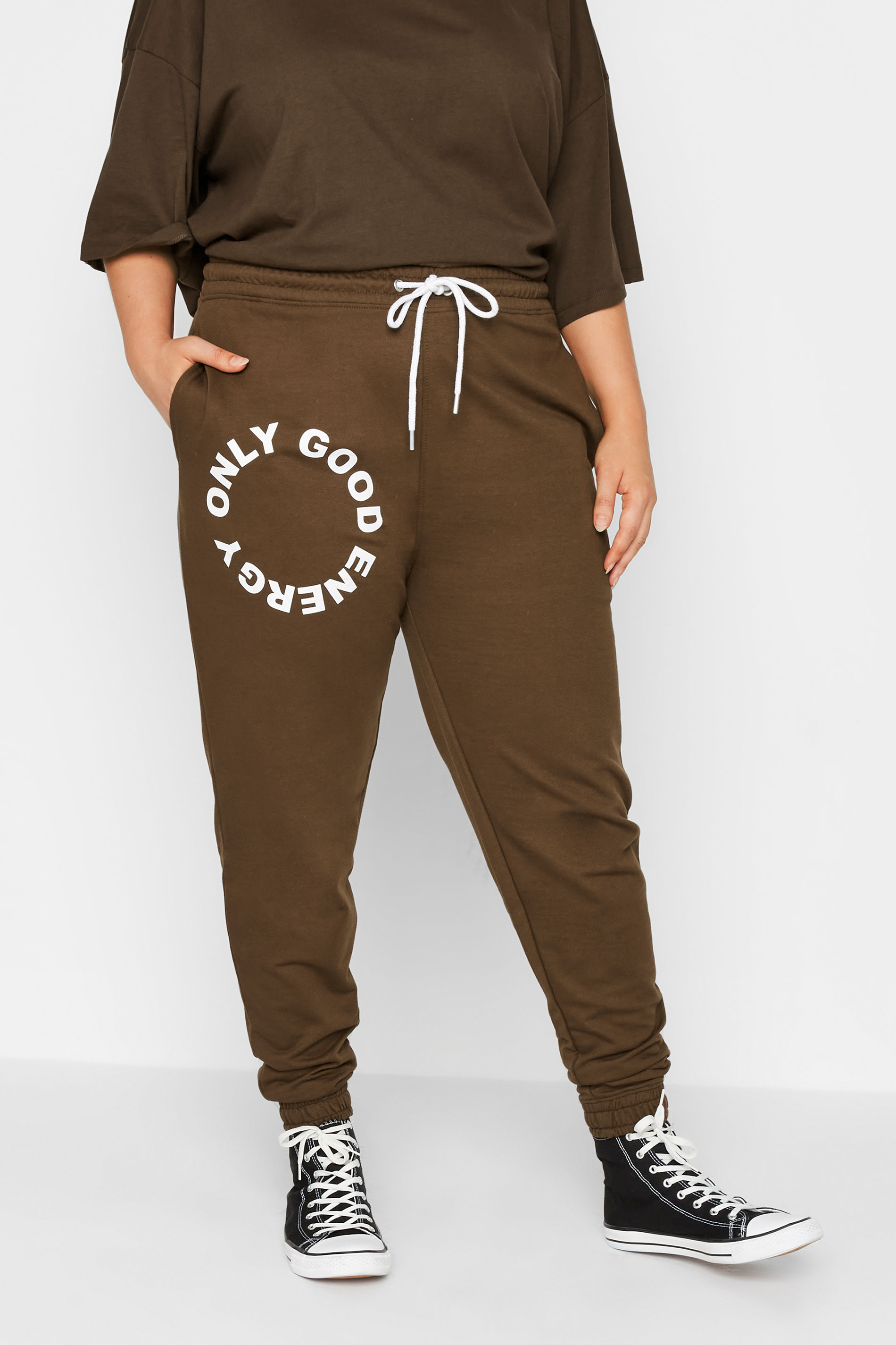 Plus Size Chocolate Brown 'Only Good Energy' Joggers | Yours Clothing 1