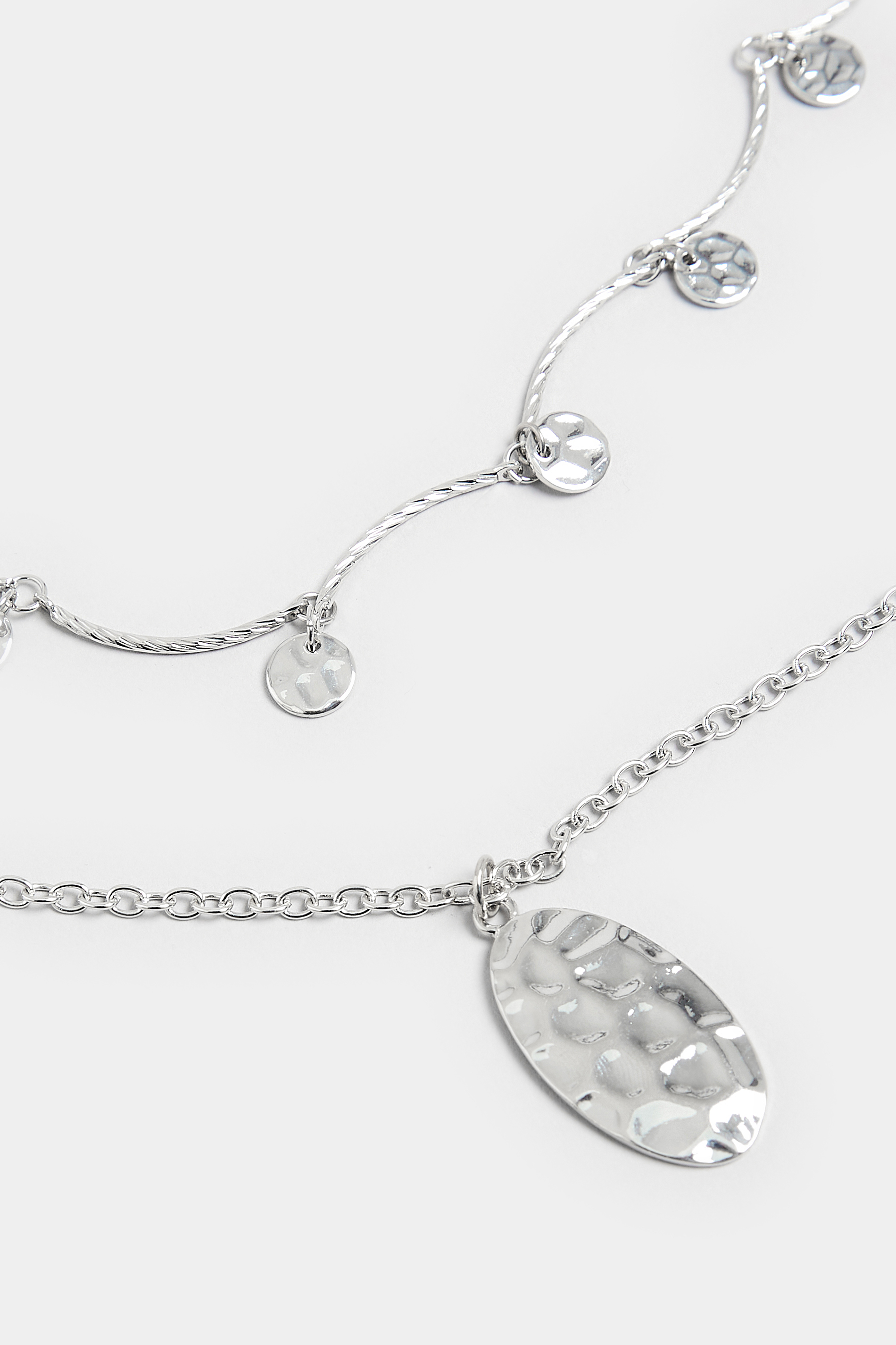 Silver Double Textured Disc Drop Necklace | Yours Clothing  3