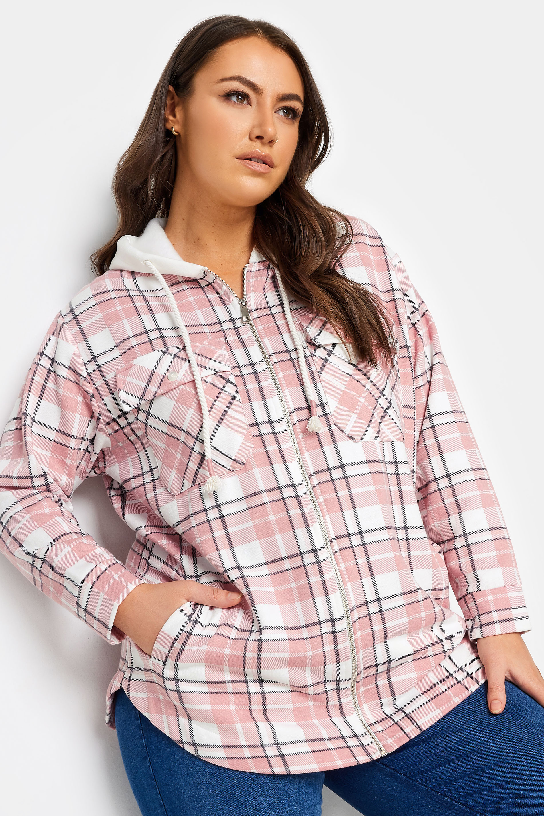 YOURS LUXURY Plus Size Pink Check Print Hooded Shacket | Yours Clothing 1