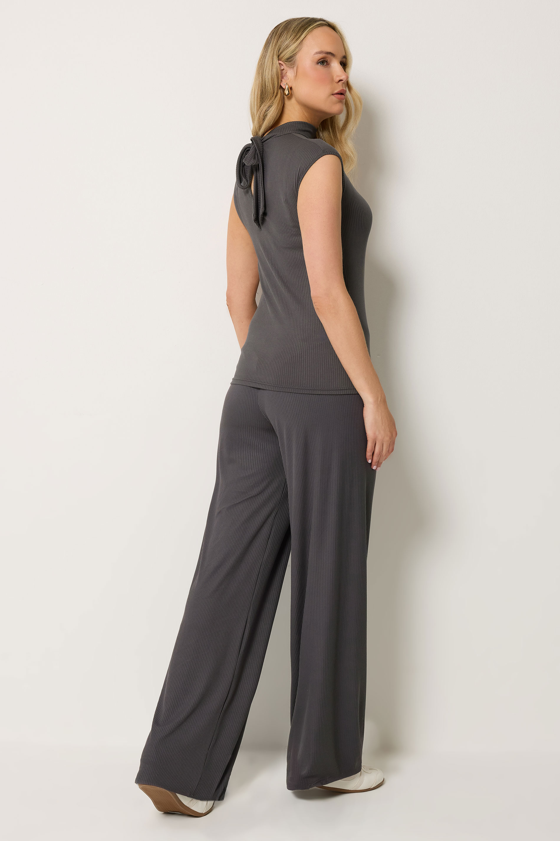 LTS Tall Women's Set Grey Tie Back Ribbed Top & Wide Leg Trousers | Long Tall Sally 2