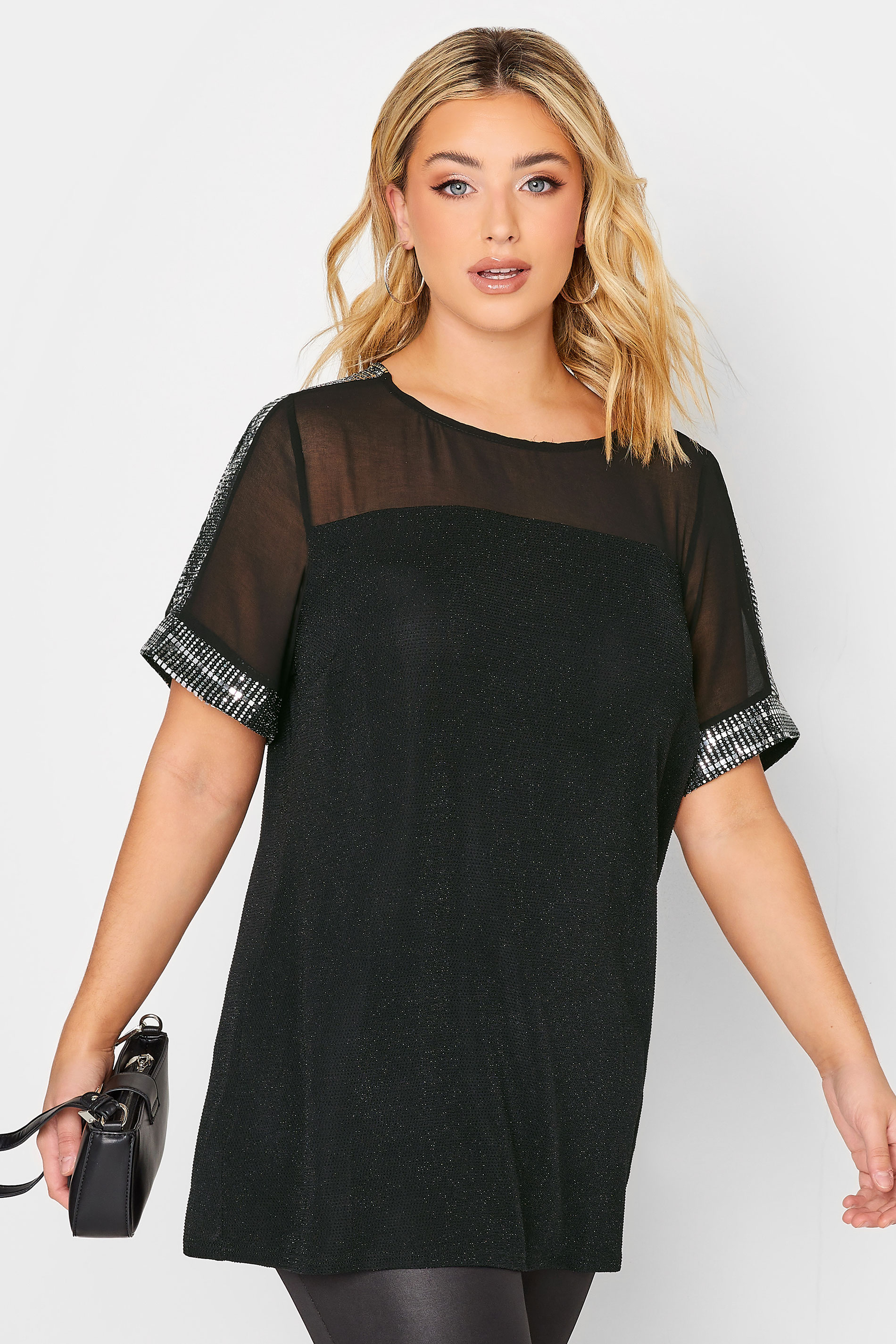 YOURS Plus Size Curve Black Chiffon Sequin Top | Yours Clothing  1