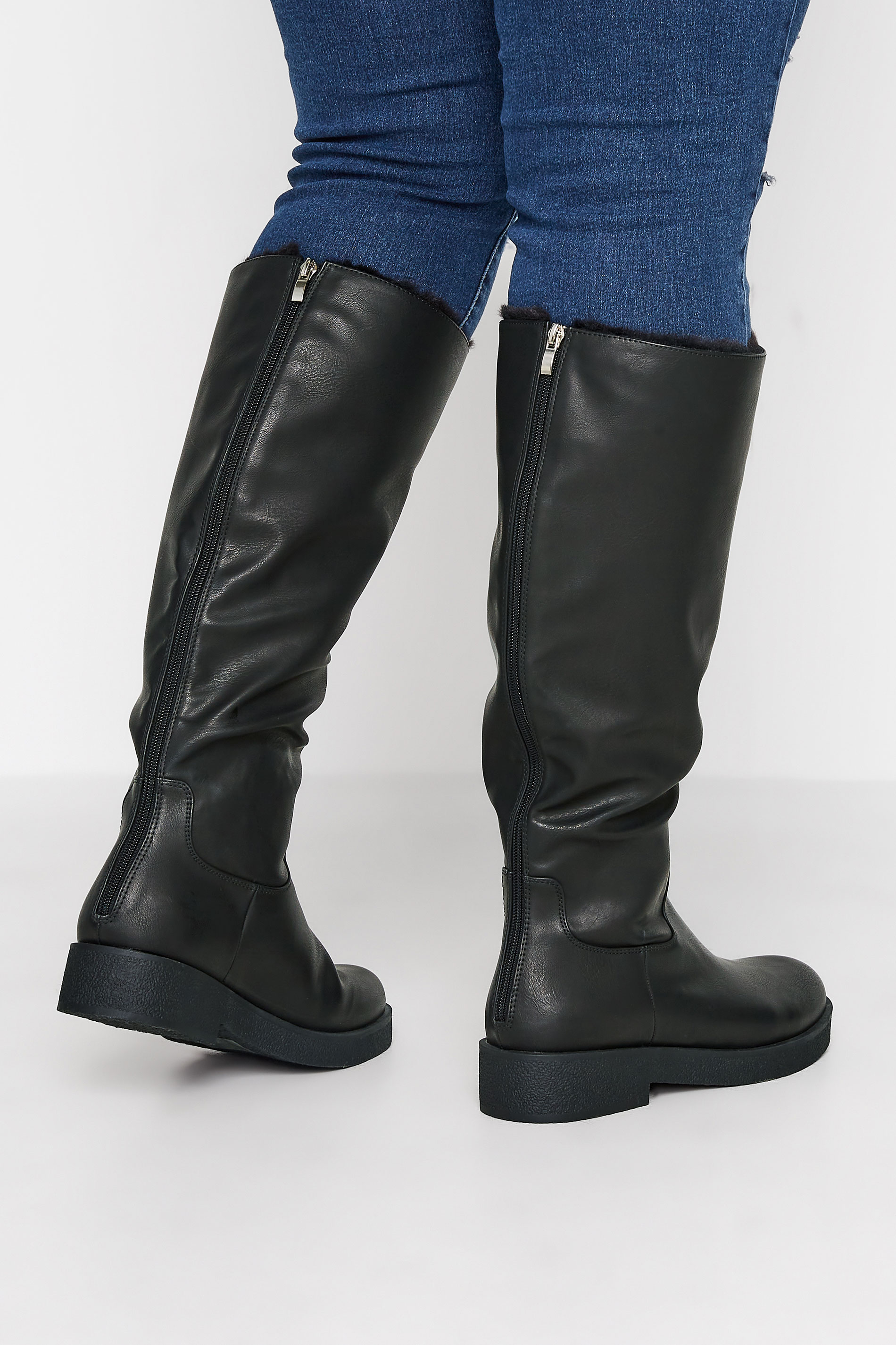 LIMITED COLLECTION Black Fur Lined Knee High Boots In Wide E Fit | Yours Clothing 2