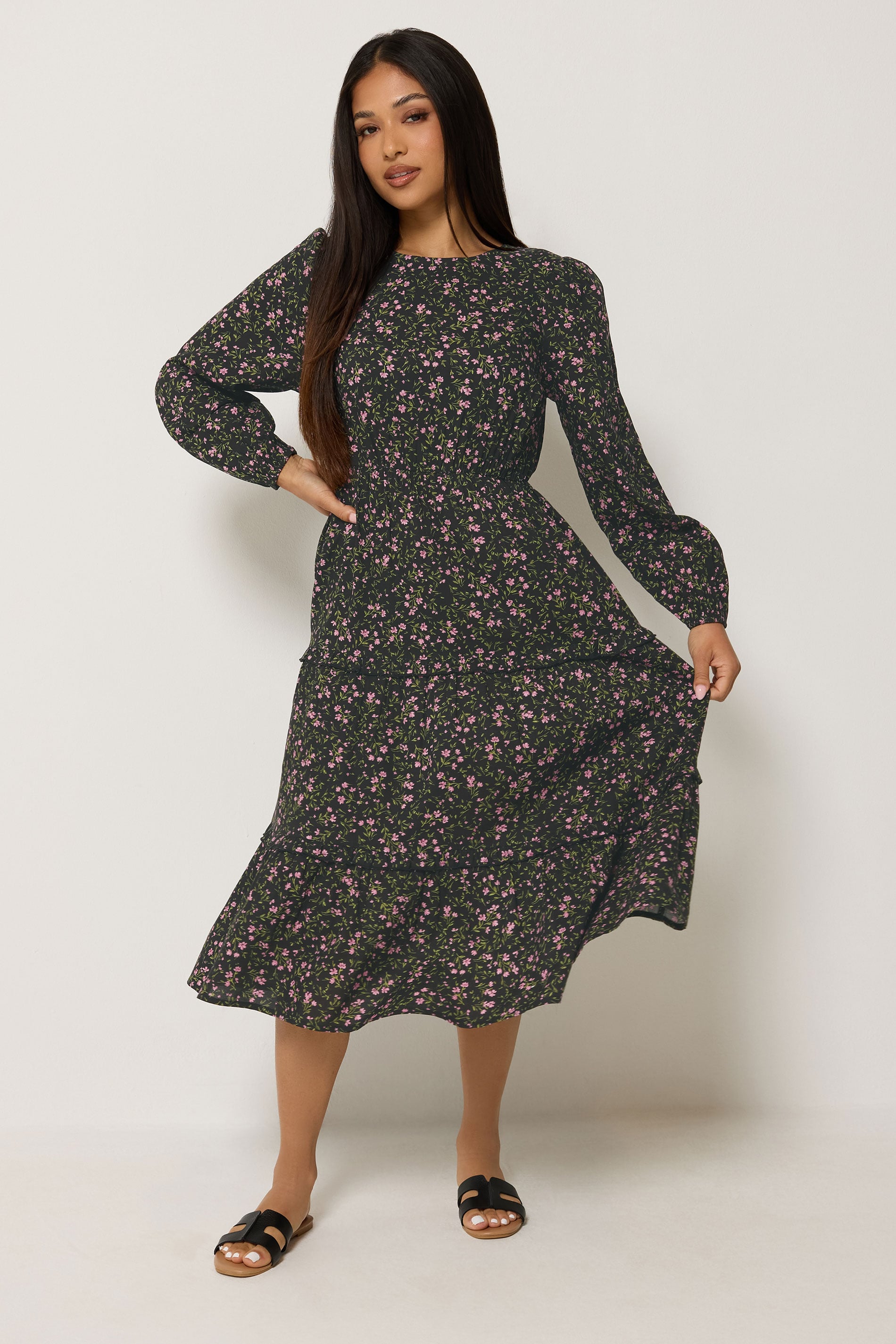 M&Co Petite Black Floral Long Sleeve Ruffle Dress | M&Co 1