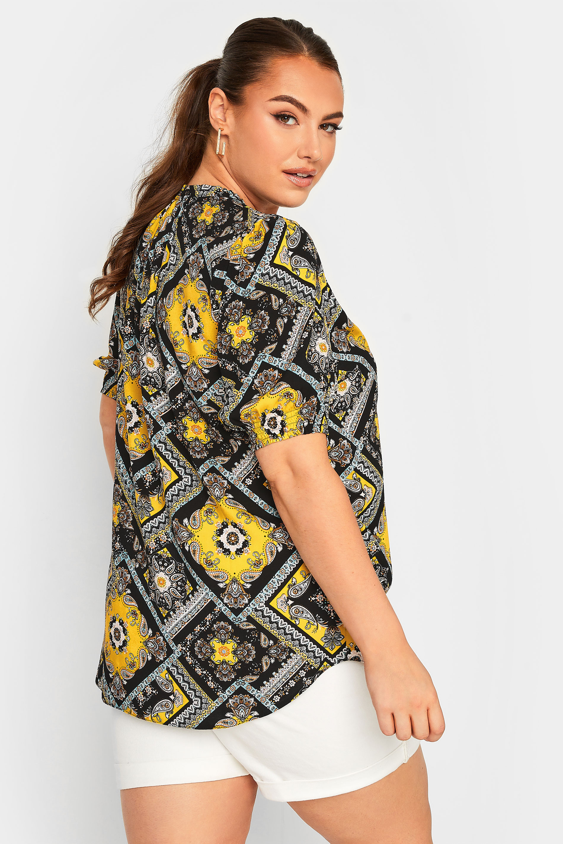 YOURS Plus Size Yellow & Black Paisley Tie Neck Blouse | Yours Clothing 3