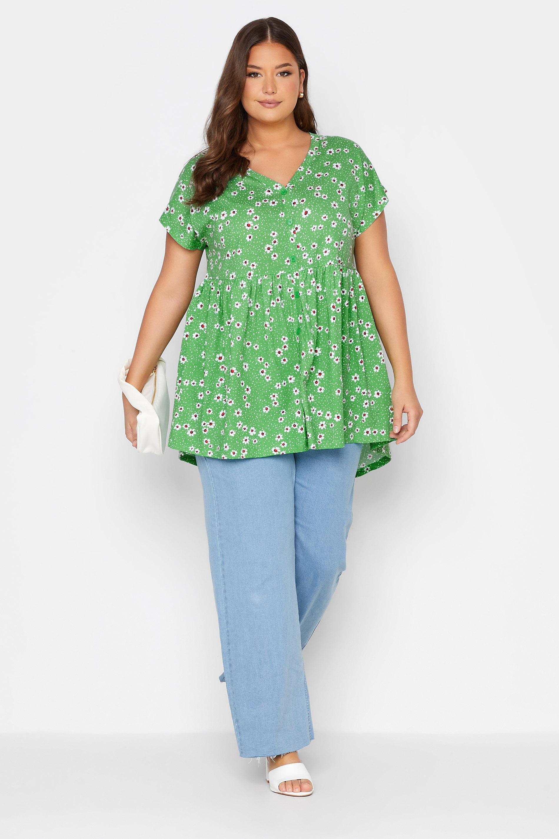 Plus Size Green Daisy Print Button Through Smock Top | Yours Clothing  2
