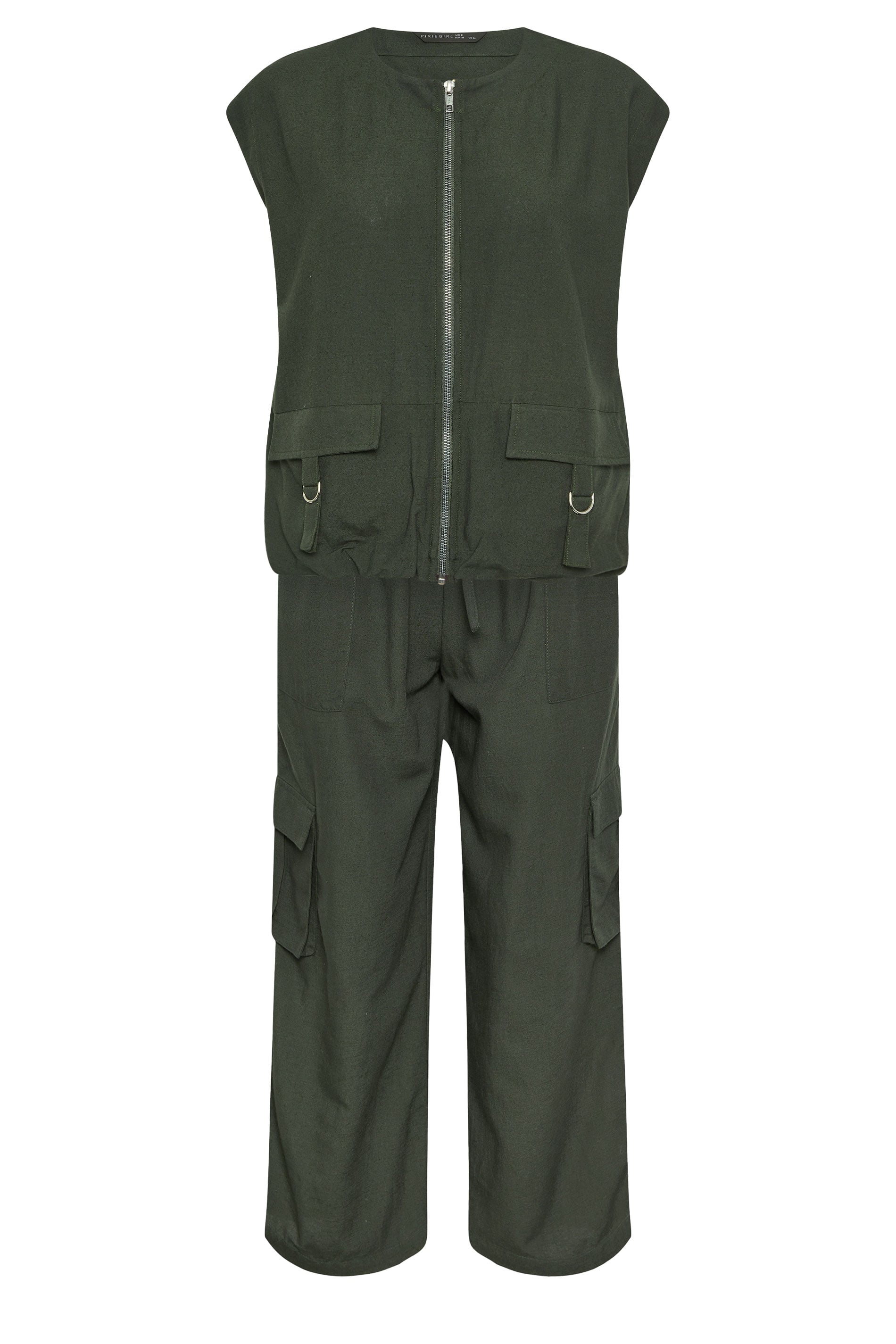 PixieGirl Petite Women's Set Khaki Green Cotton Cargo Gilet & Wide Leg Trousers | PixieGirl 8