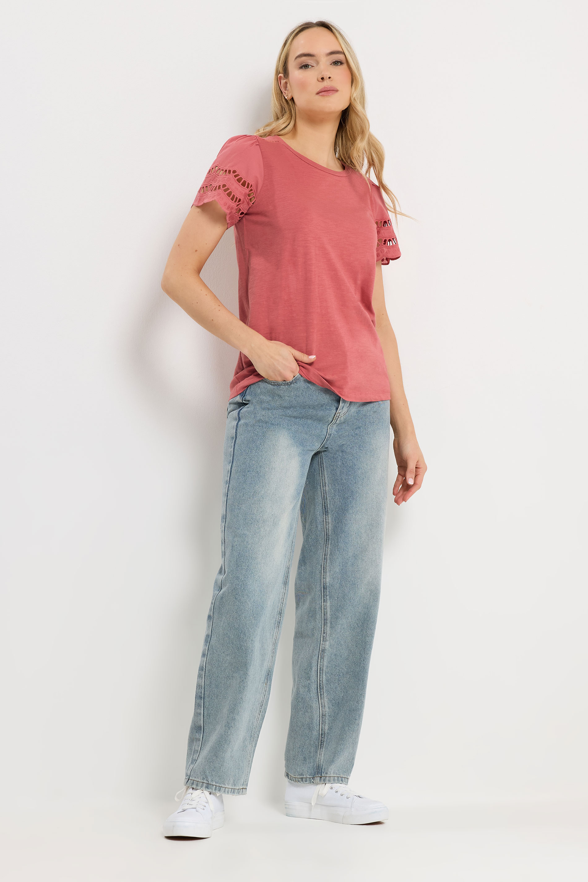 LTS Tall Women's Coral Pink Embroidered Cotton T-Shirt | Long Tall Sally 2
