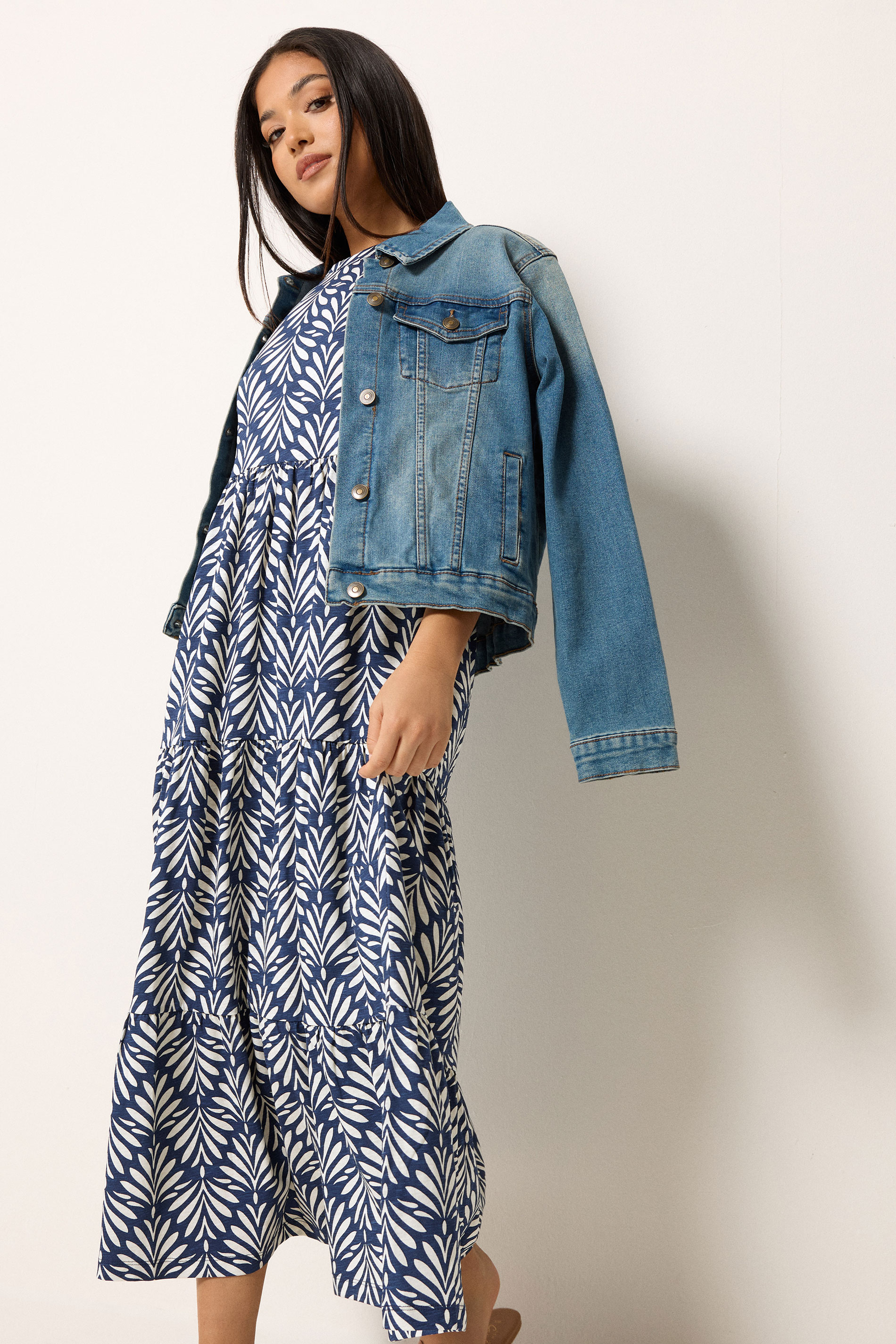 M&Co Petite Navy Blue Leaf Print Tiered Cotton Maxi Dress | M&Co 1