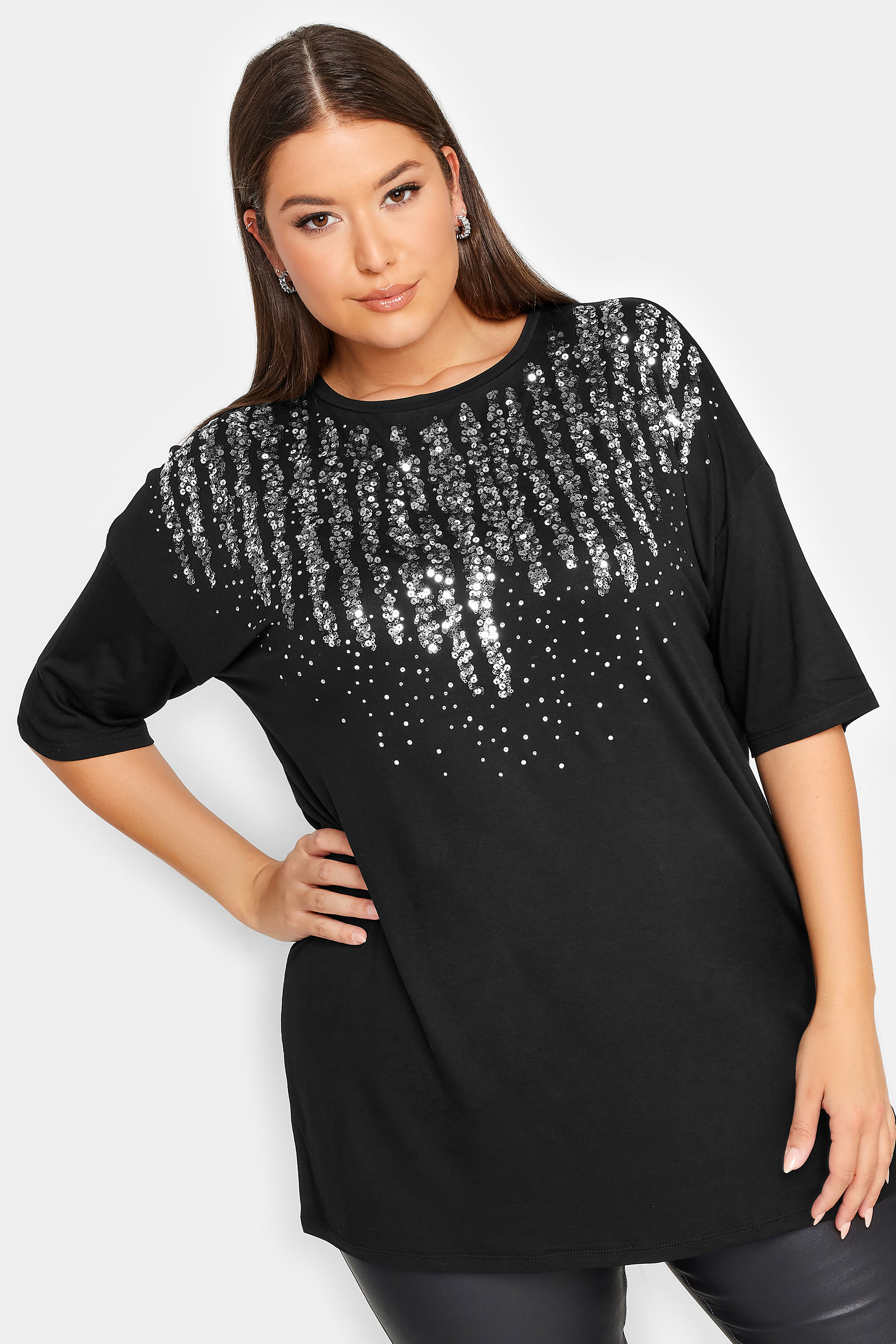 YOURS Plus Size Black Sequin Embellished Neckline T-Shirt | Yours Clothing