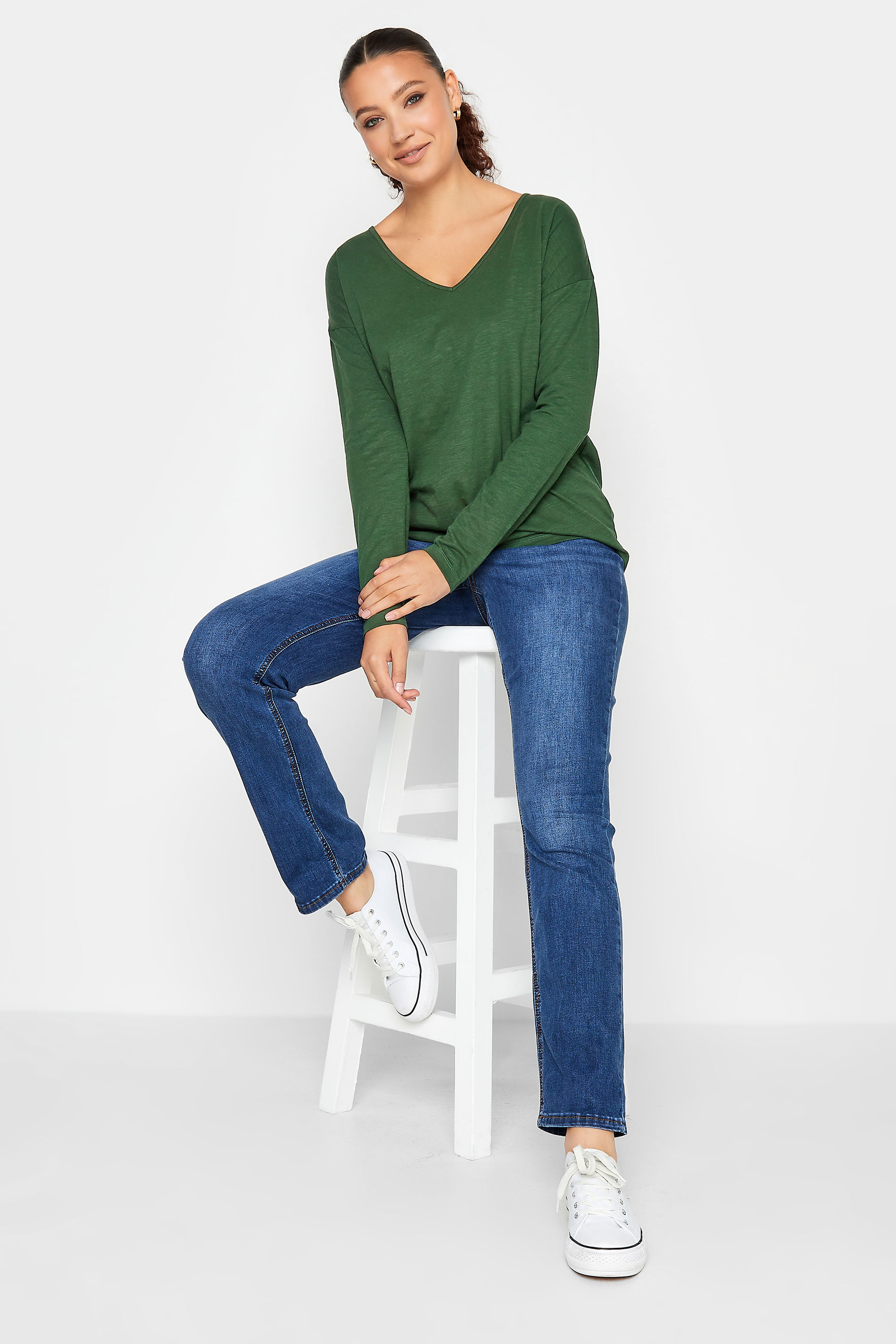 LTS Tall Green V-Neck Long Sleeve Cotton T-Shirt | Long Tall Sally 2
