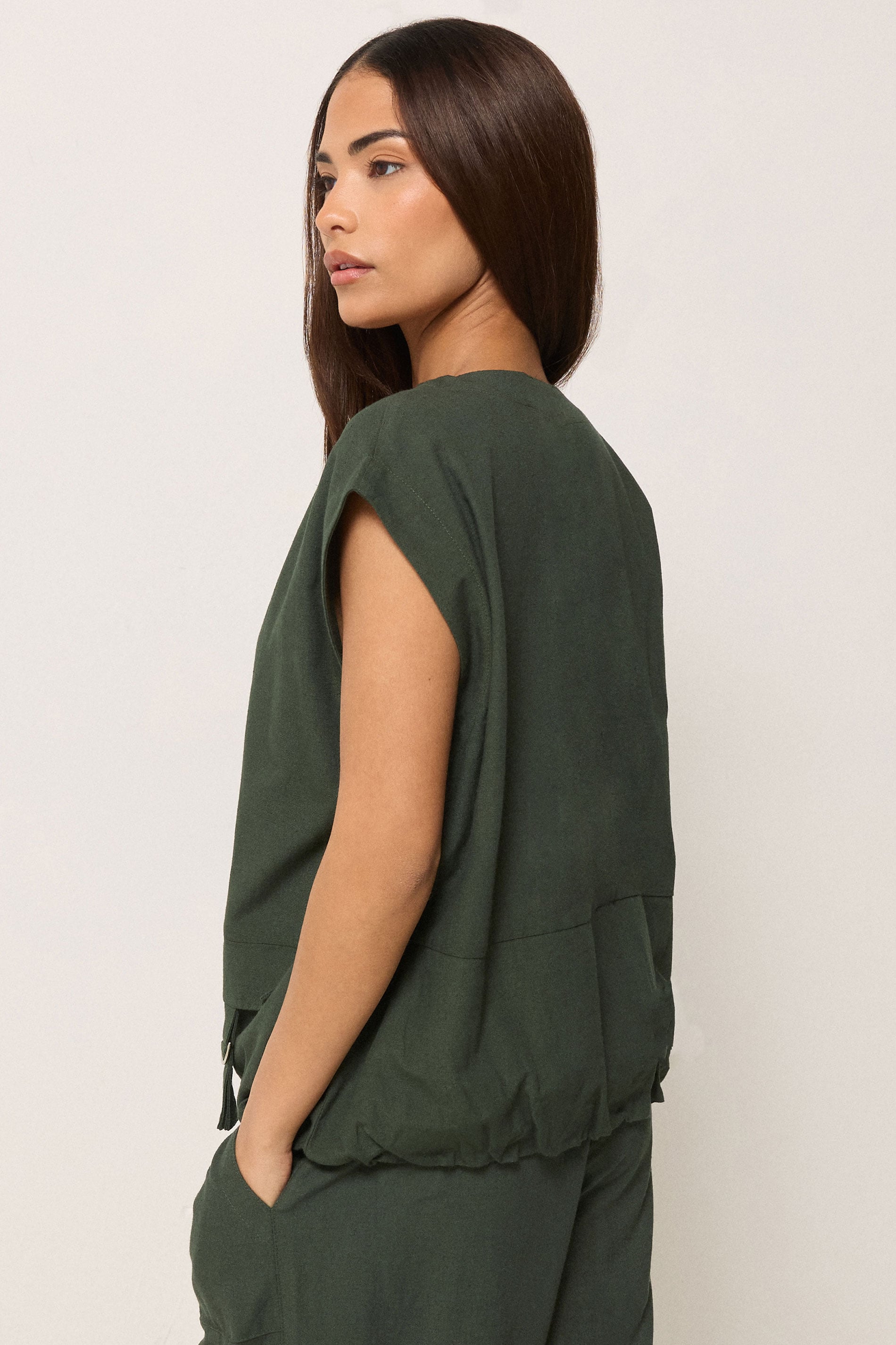 PixieGirl Petite Women's Set Khaki Green Cotton Cargo Gilet & Wide Leg Trousers | PixieGirl 2