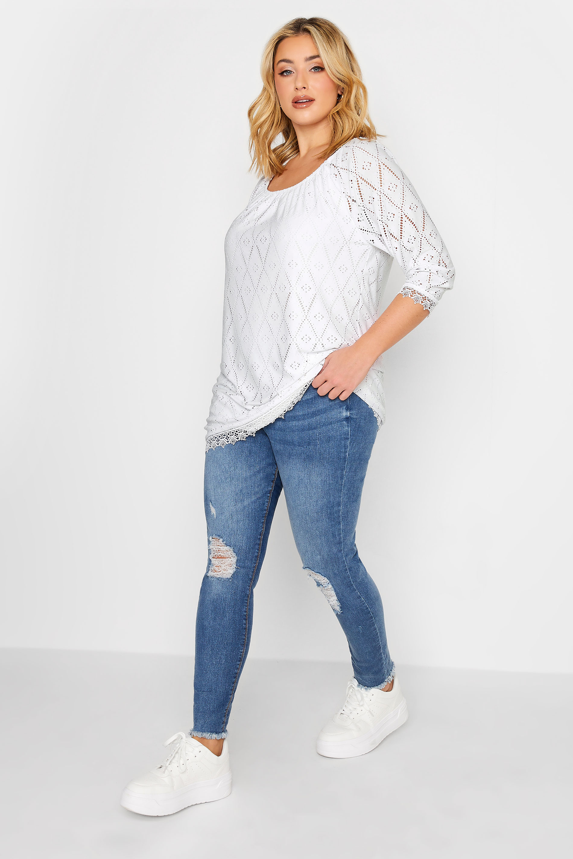 YOURS Plus Size White Pointelle Lace Trim Top | Yours Clothing 2
