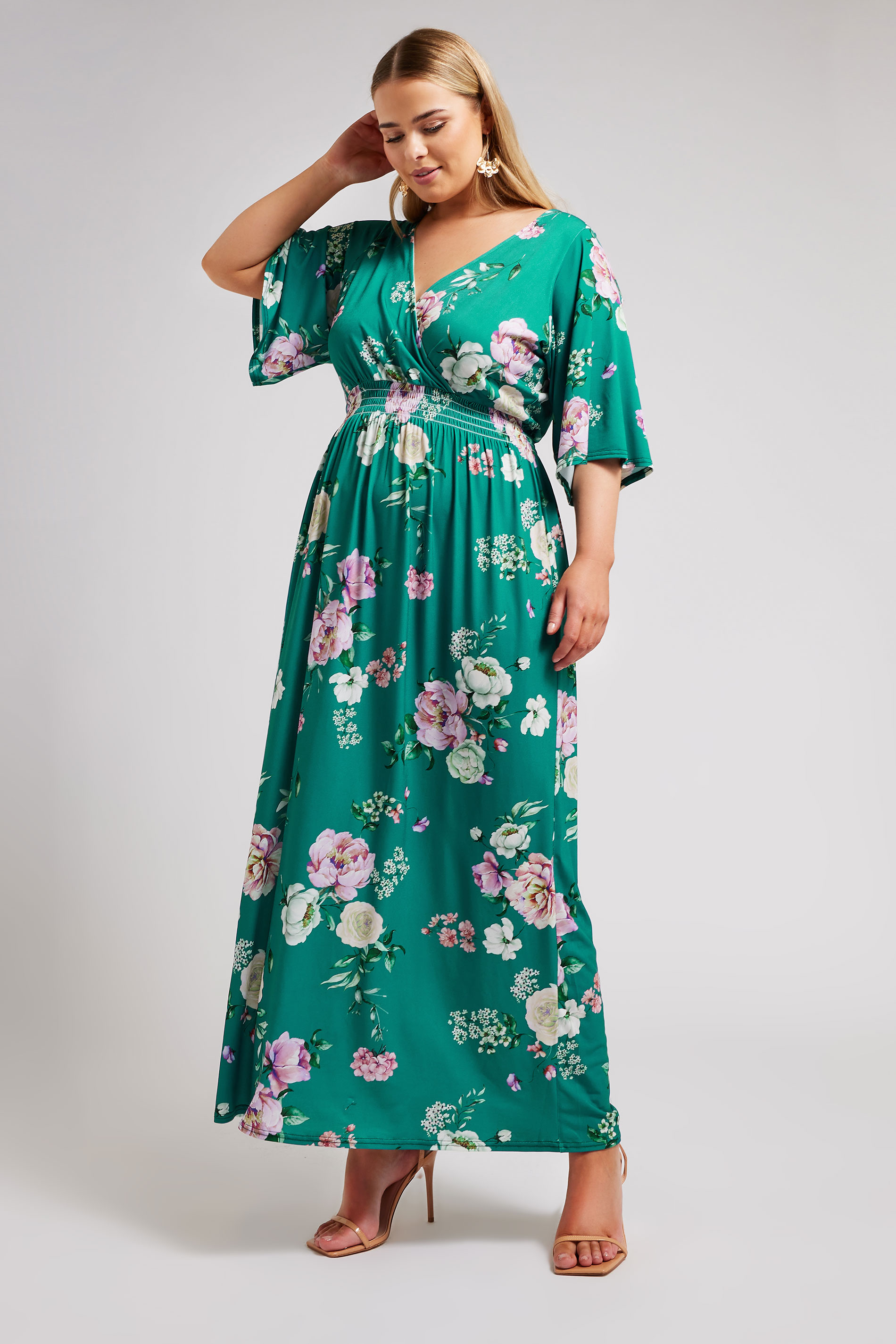 YOURS LONDON Plus Size Green Floral Angel Sleeve Maxi Dress | Yours ...