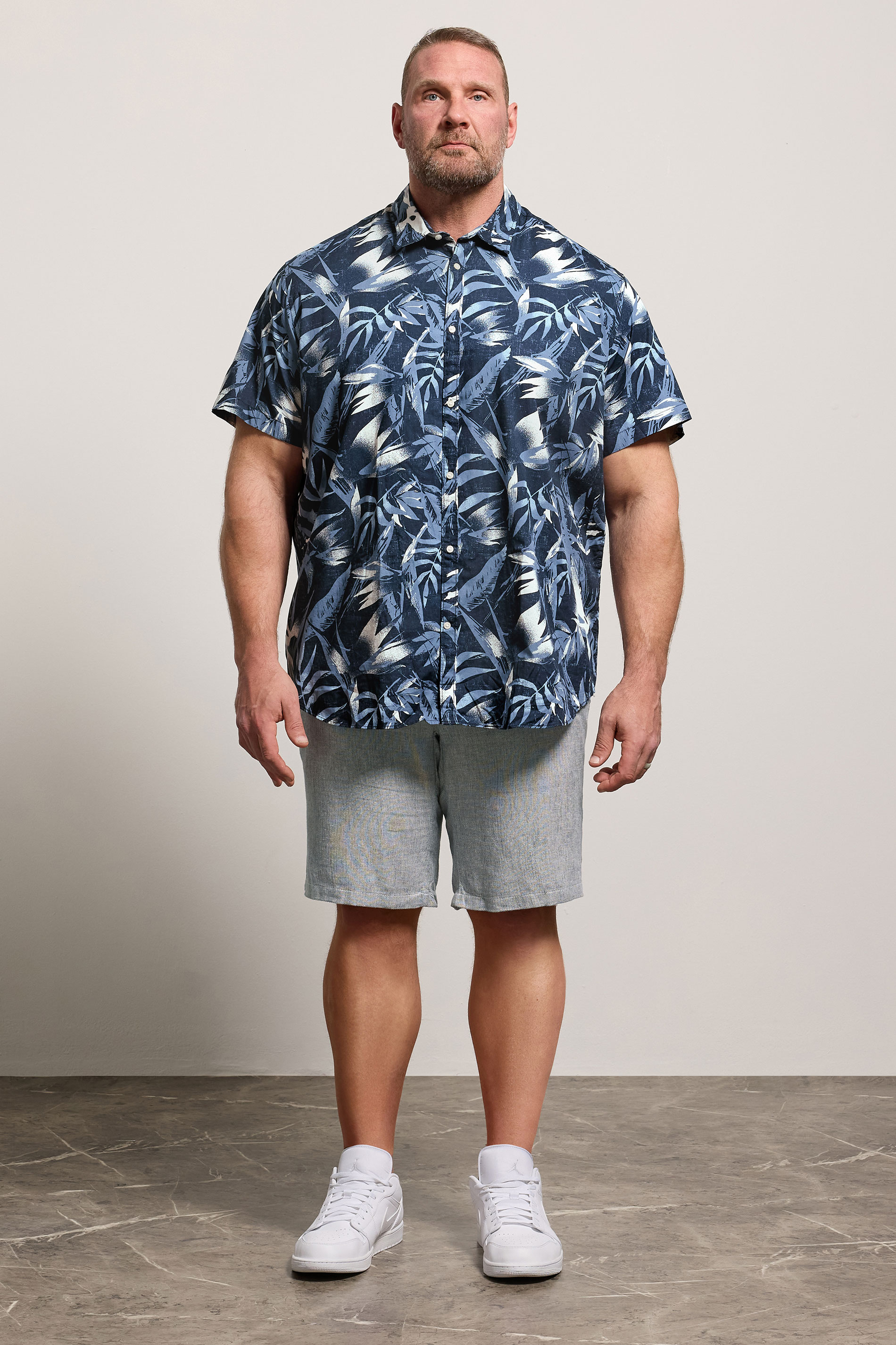 JACK & JONES Big & Tall Navy Blue Tropical Print Short Sleeve Shirt | BadRhino 1