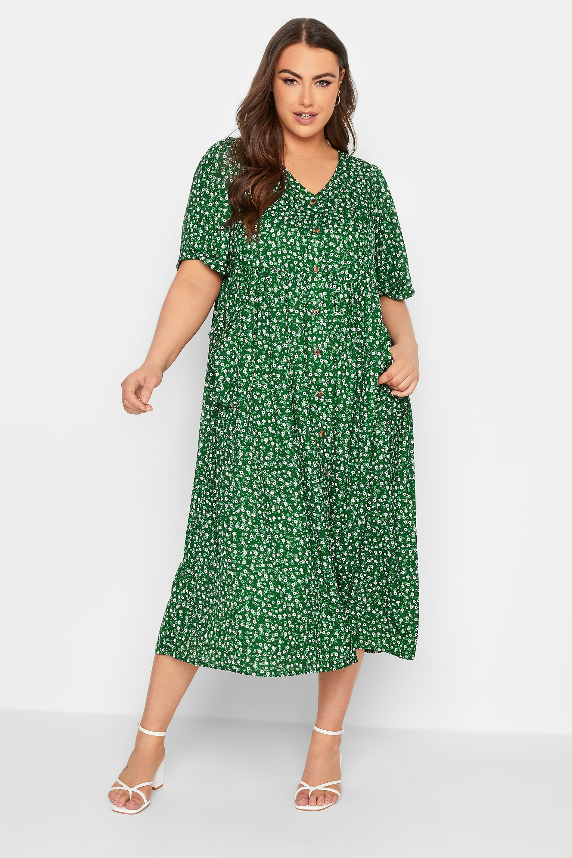 YOURS Plus Size Green Daisy Print Smock Dress | Yours Clothing 2