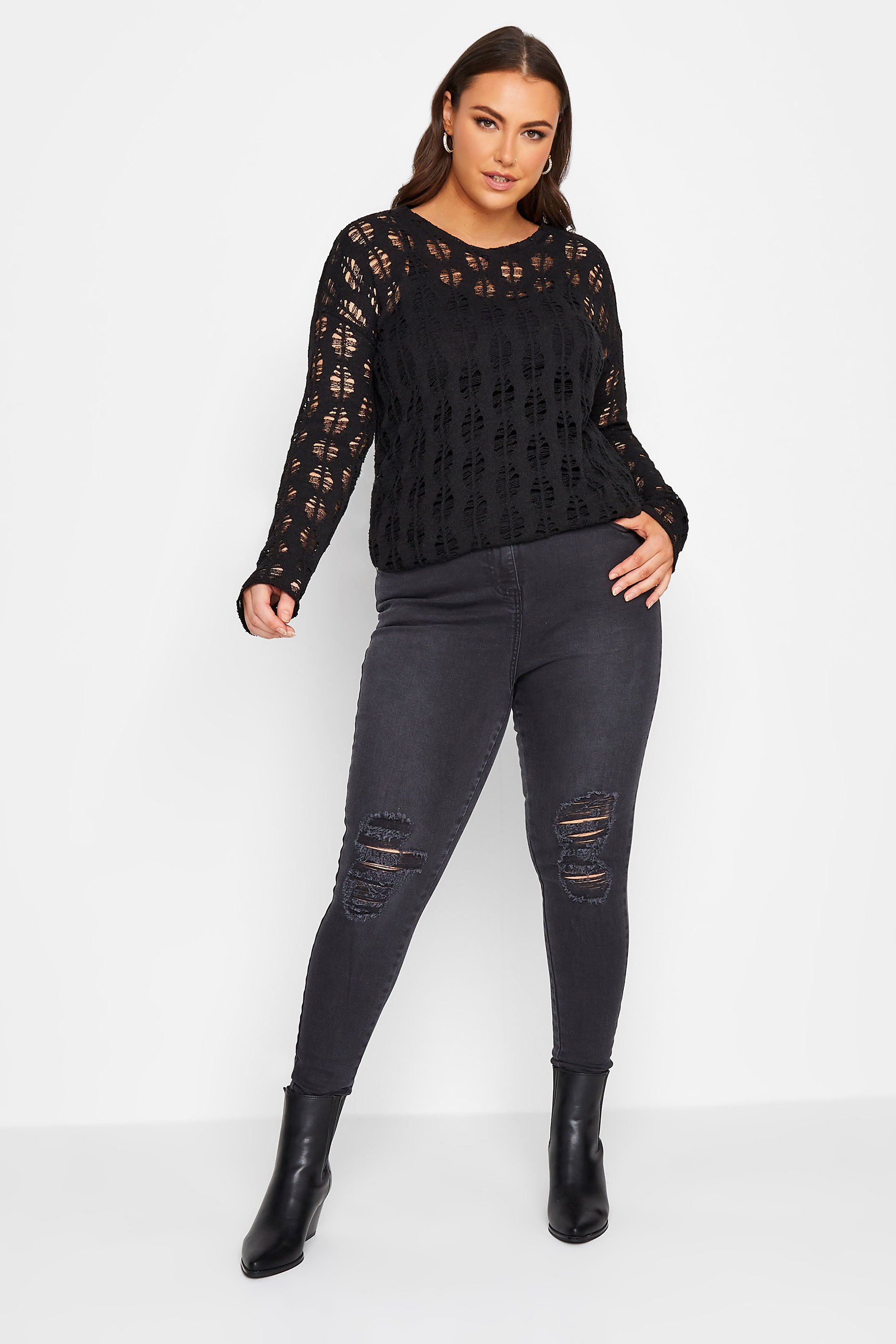 YOURS LUXURY Plus Size Curve Black Open Stitch Knit Jumper | Yours Clothing 1