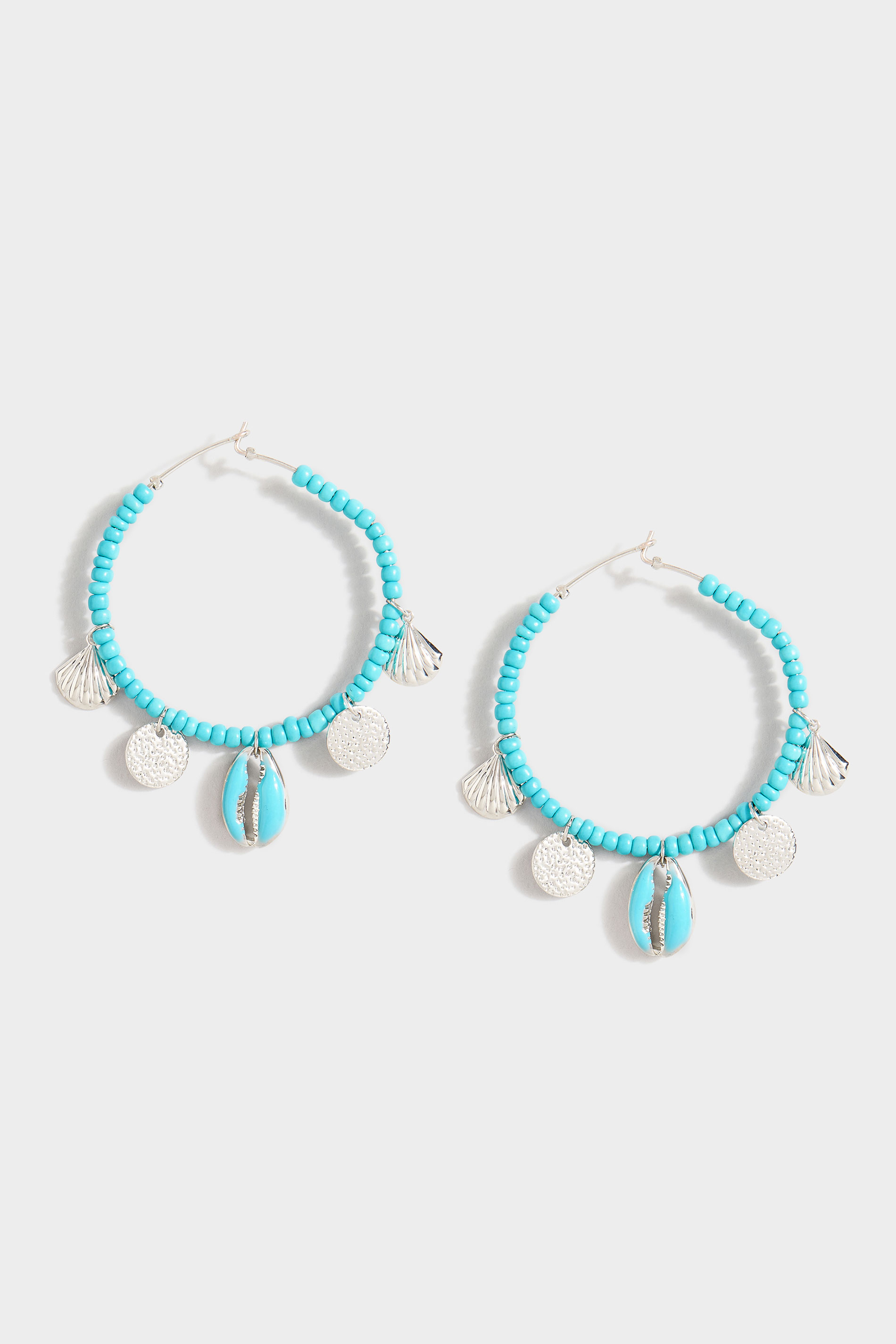Turquoise Bead Silver Shell Charm Hoop Earrings | Yours Clothing 2