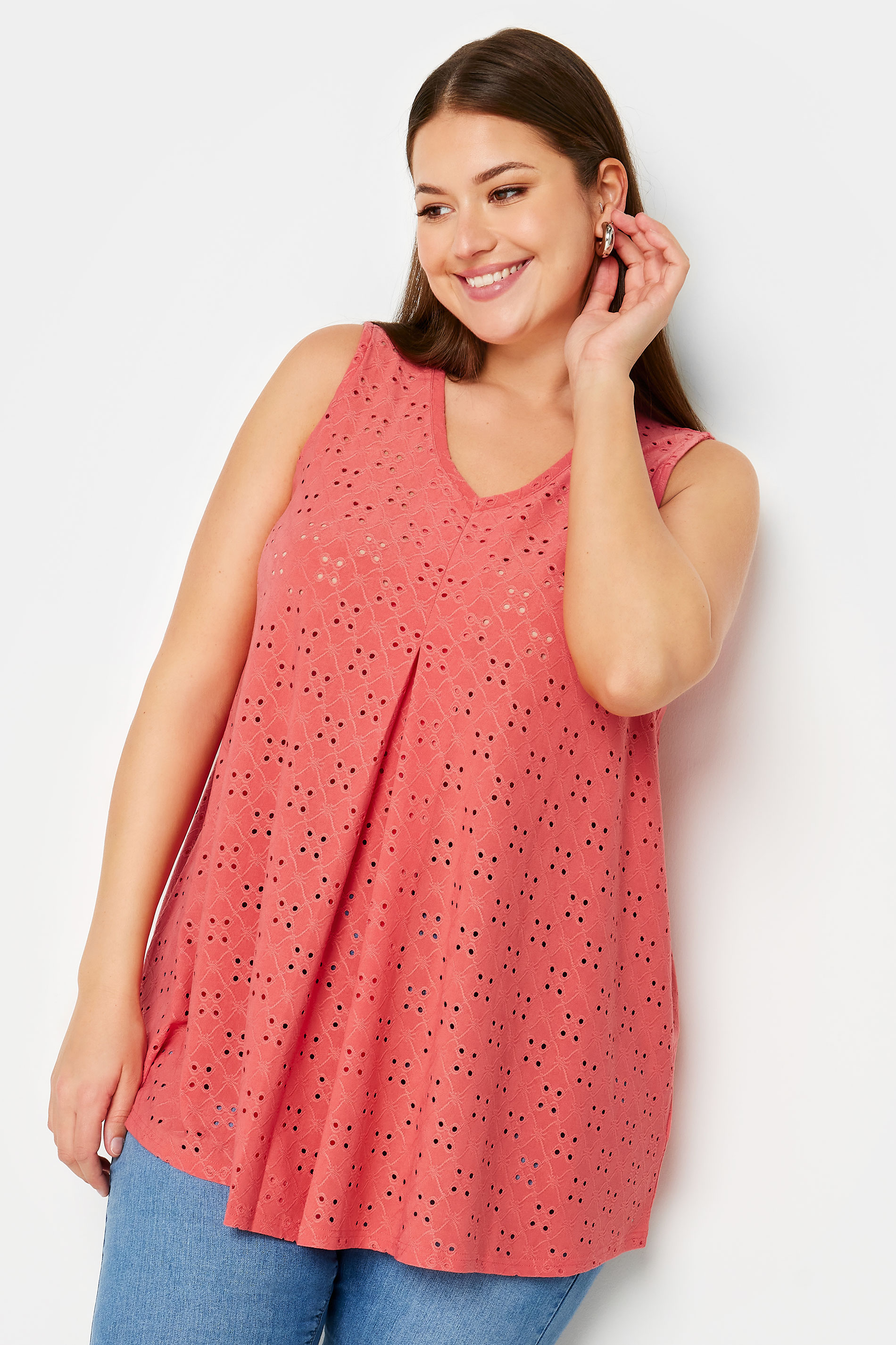 YOURS Plus Size Coral Pink Broderie Anglaise Swing Vest Top | Yours Clothing 1
