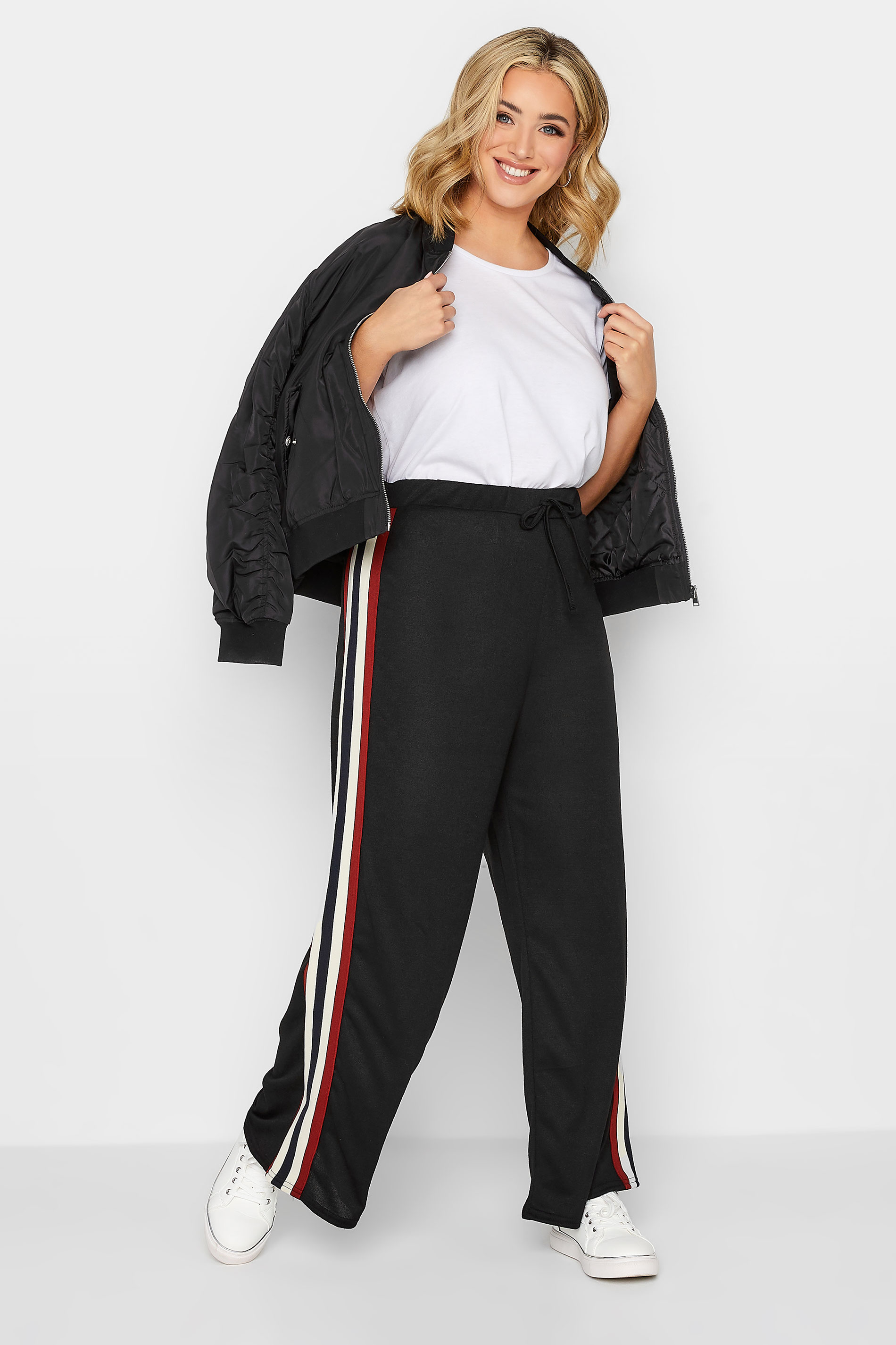 YOURS PETITE Curve Plus Size Black Side Stripe Knitted Wide Leg Trousers | Yours Clothing  2