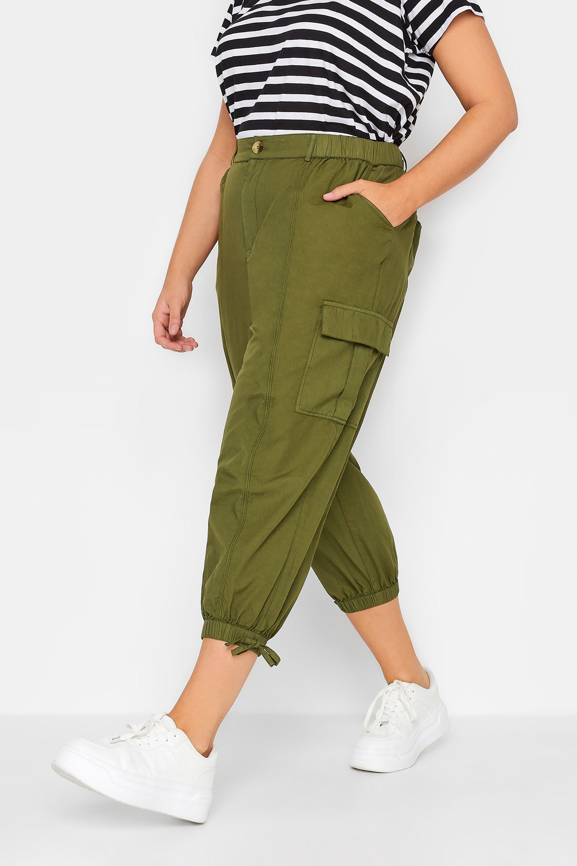 YOURS Curve Plus Size Khaki Green Cropped Cargo Trousers | Yours Clothing  1