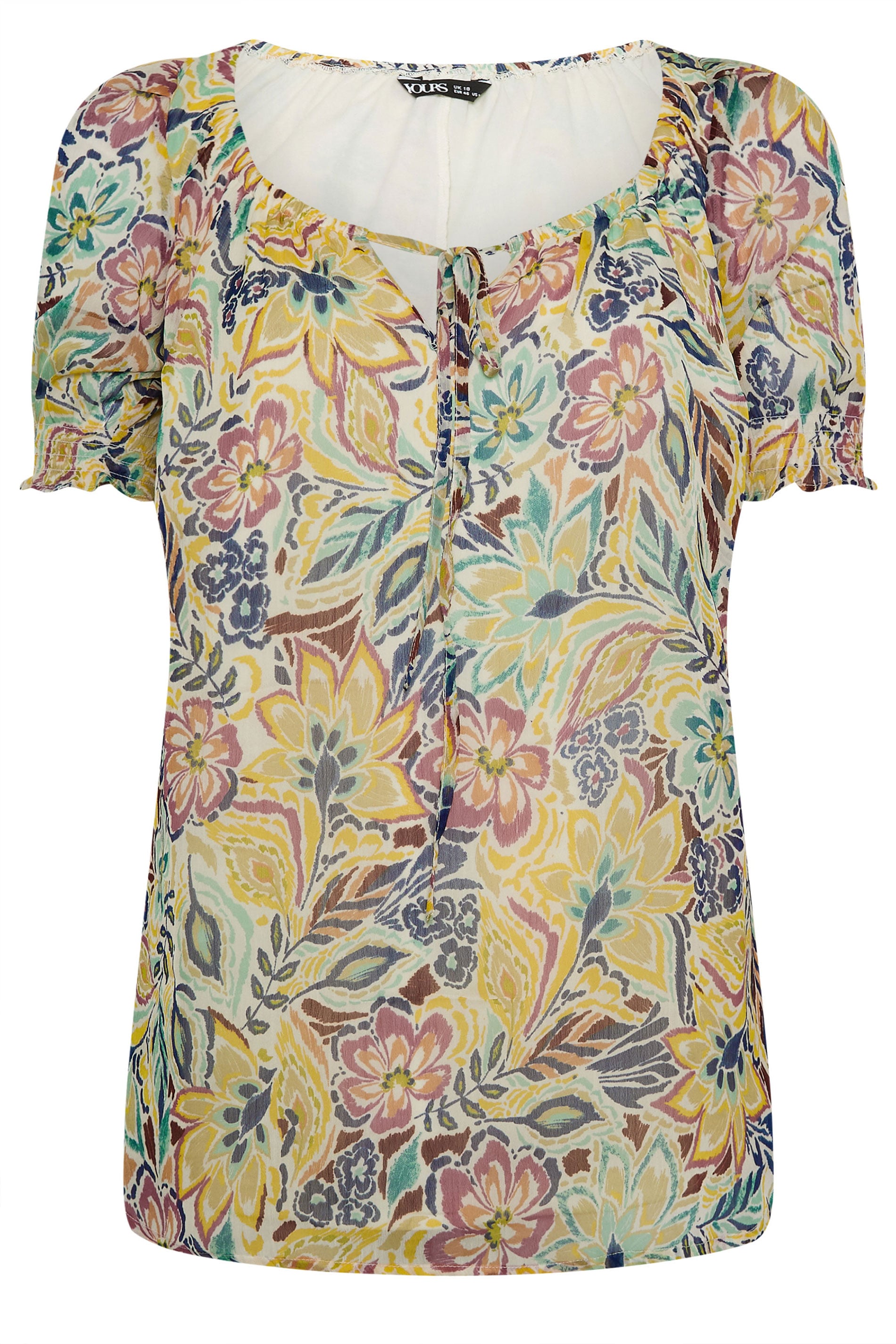 YOURS Plus Size Yellow Abstract Tie Neck Blouse | Yours Clothing 5