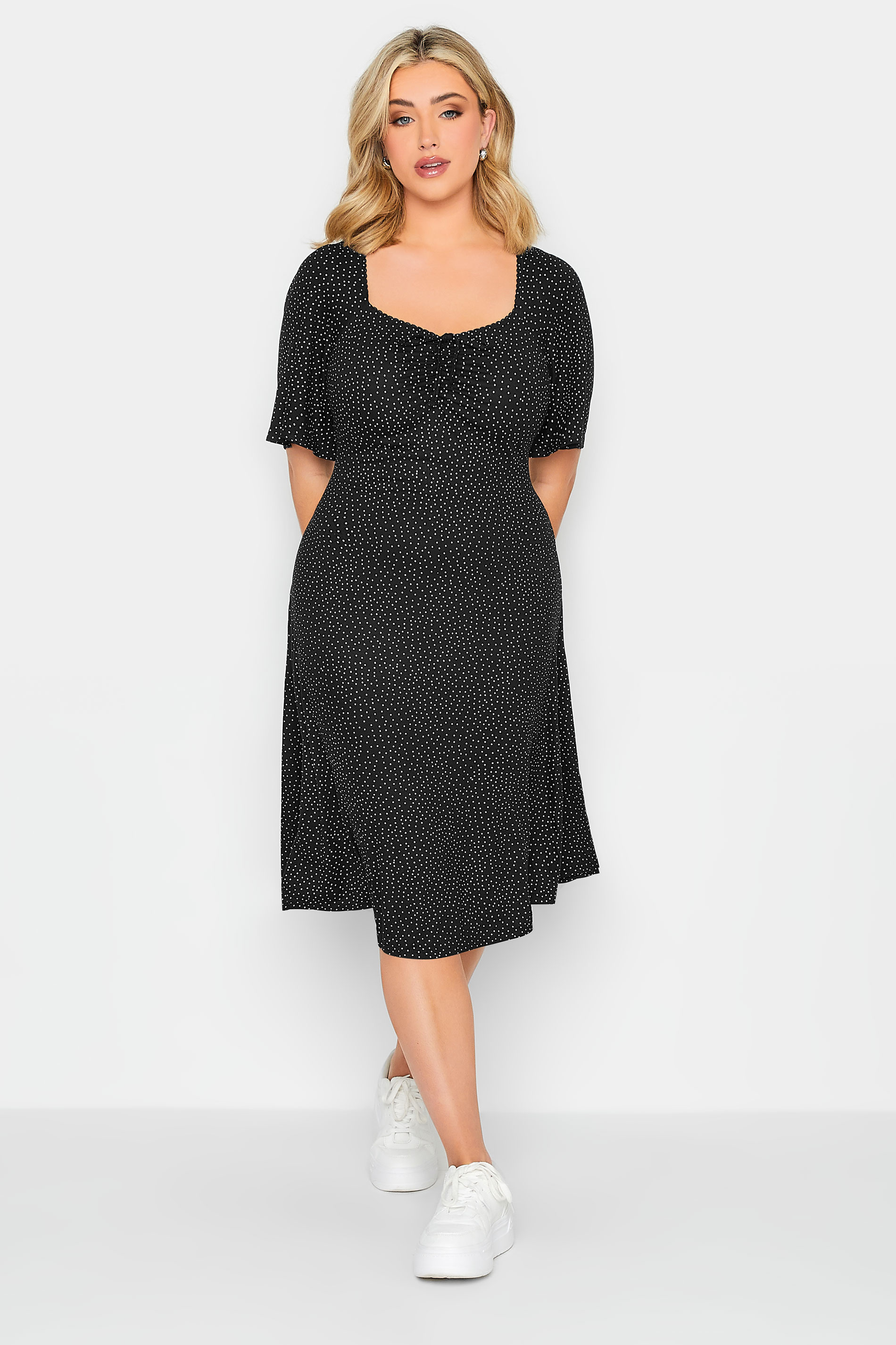 YOURS PETITE Plus Size Black Spot Print Lace Trim Midi Dress | Yours Clothing 2