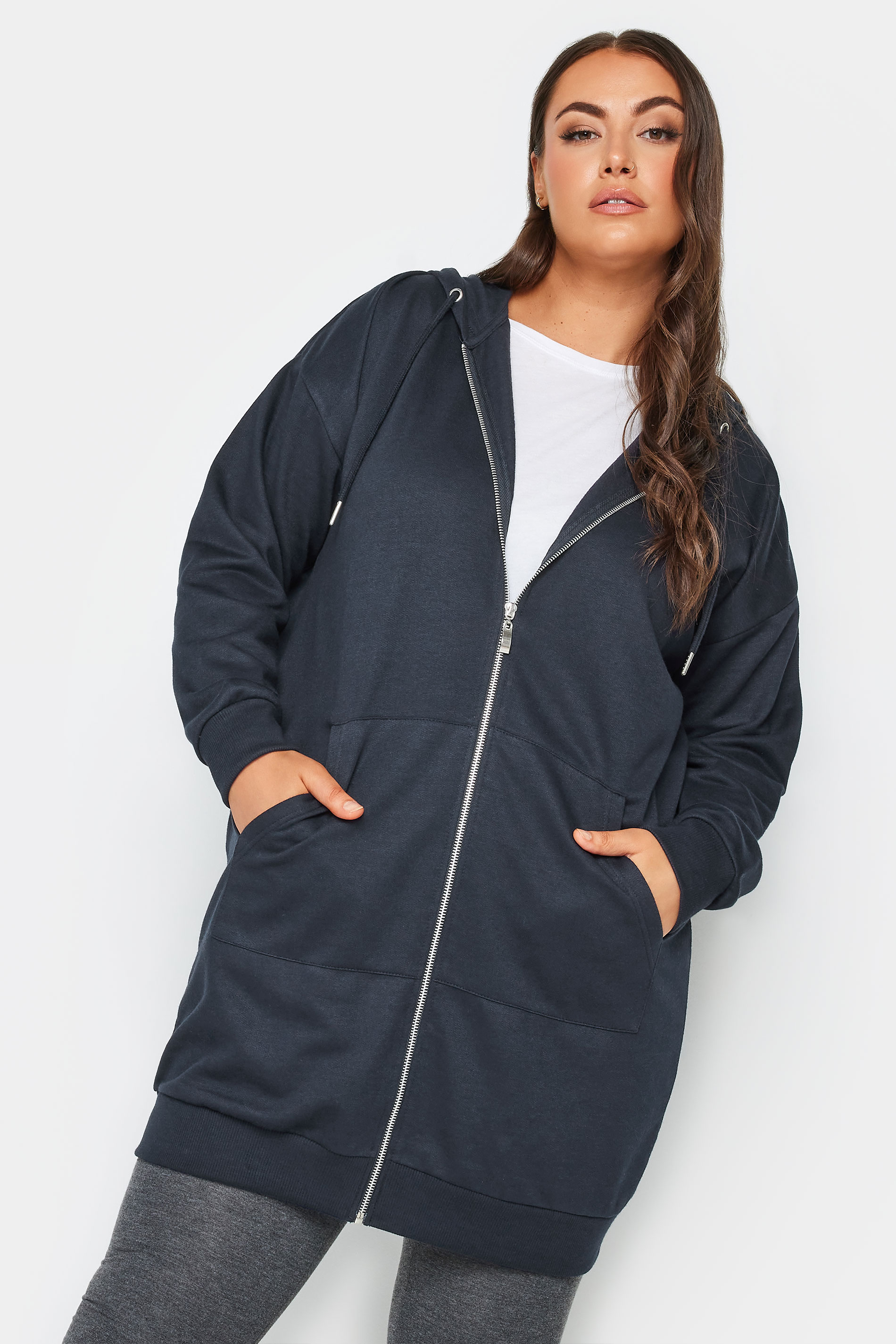 YOURS Plus Size Navy Blue Longline Zip Hoodie | Yours Clothing 1