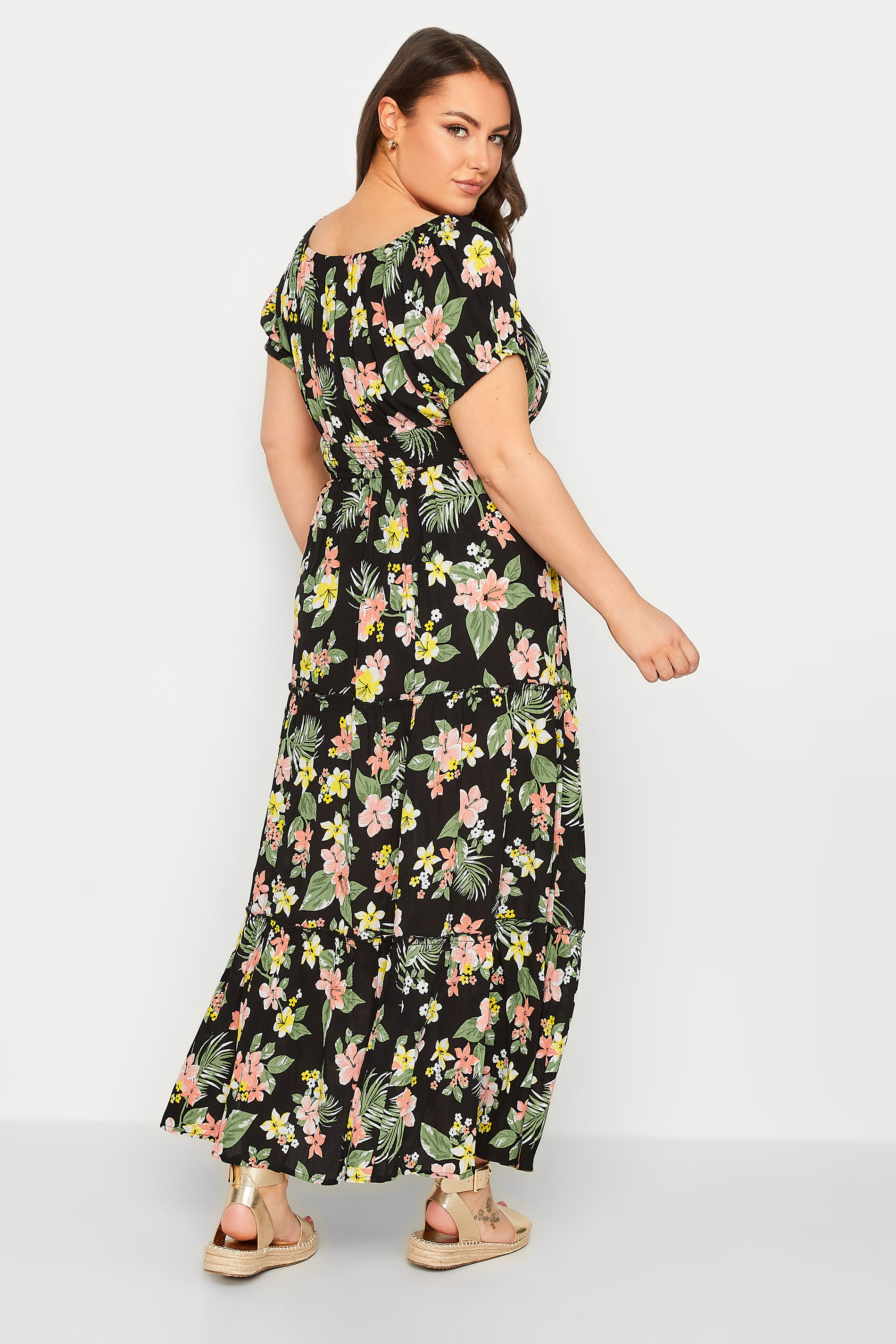 YOURS Curve Plus Size Black Tropical Print Bardot Maxi Dress | Yours Clothing  3