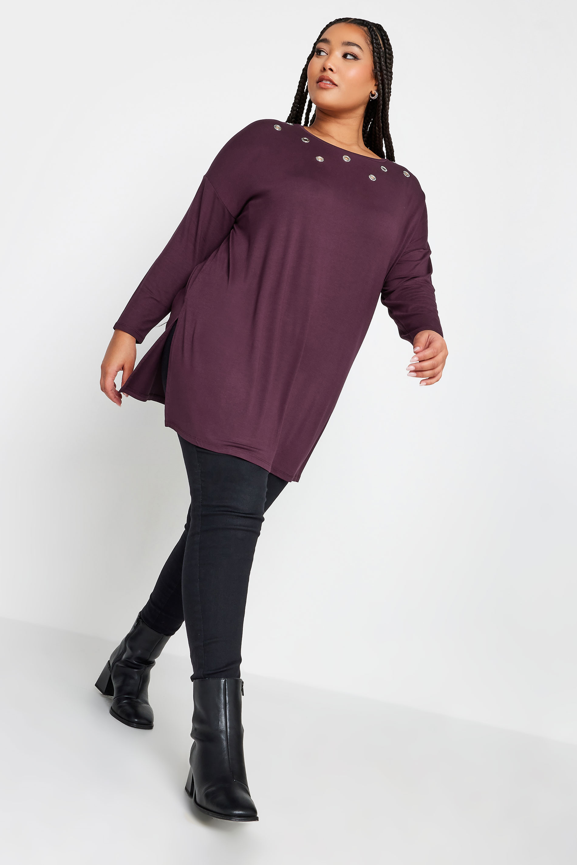 YOURS Plus Size Purple Eyelet Detail Oversized Long Sleeve T-Shirt | Yours Clothing 2