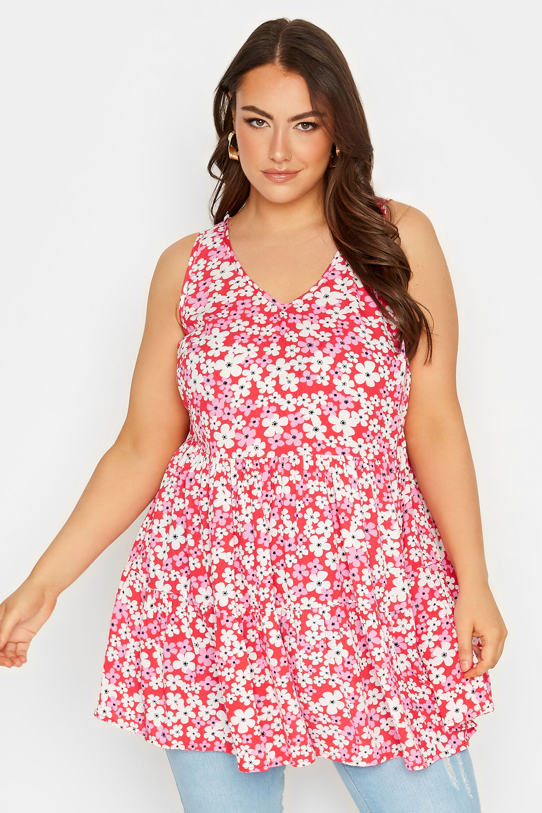 YOURS Plus Size Pink Floral Print Crinkle Vest Top | Yours Clothing 1