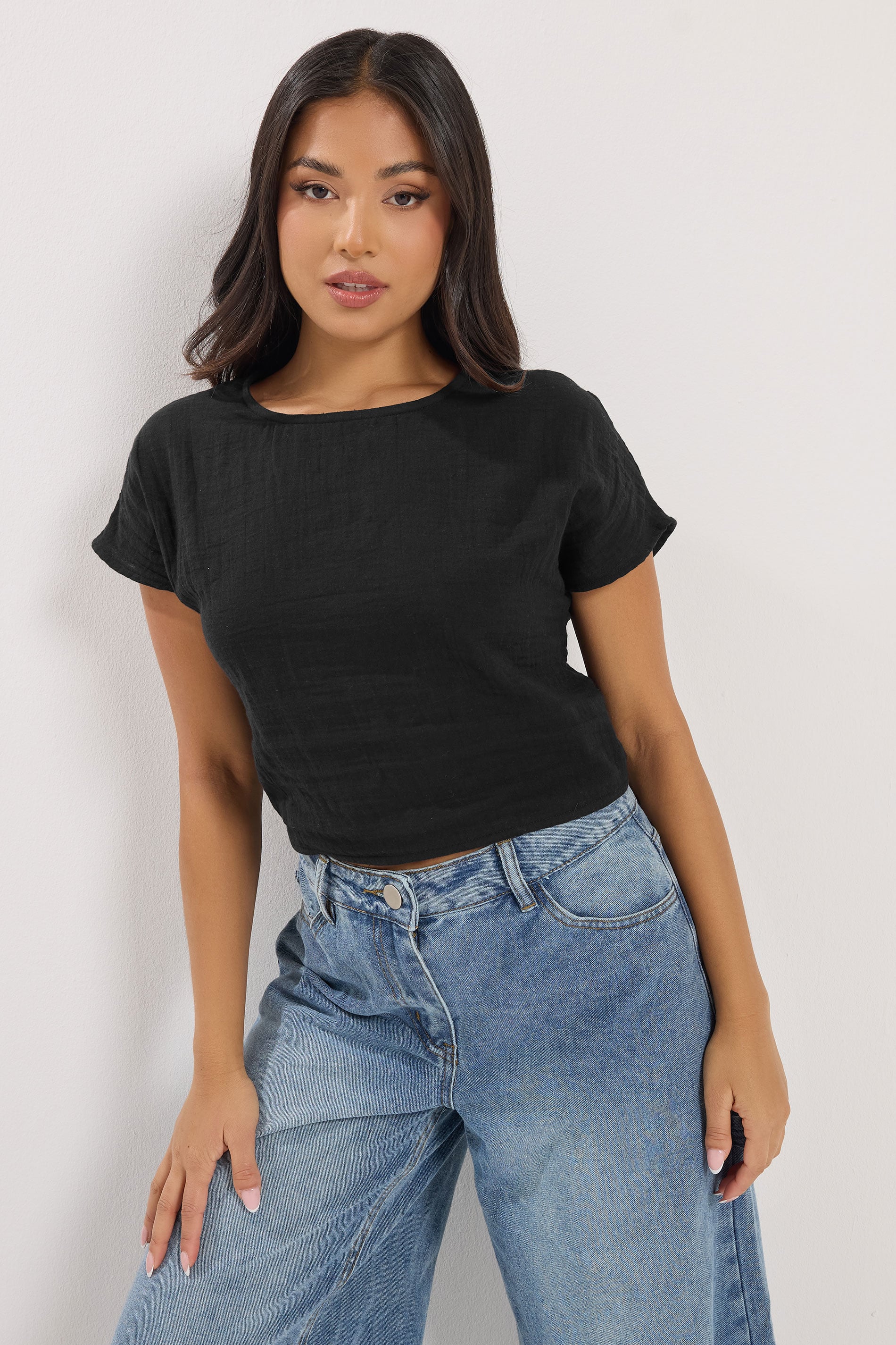 PixieGirl Petite Women's Black Cotton Lace Up Cheesecloth Top | PixieGirl 3