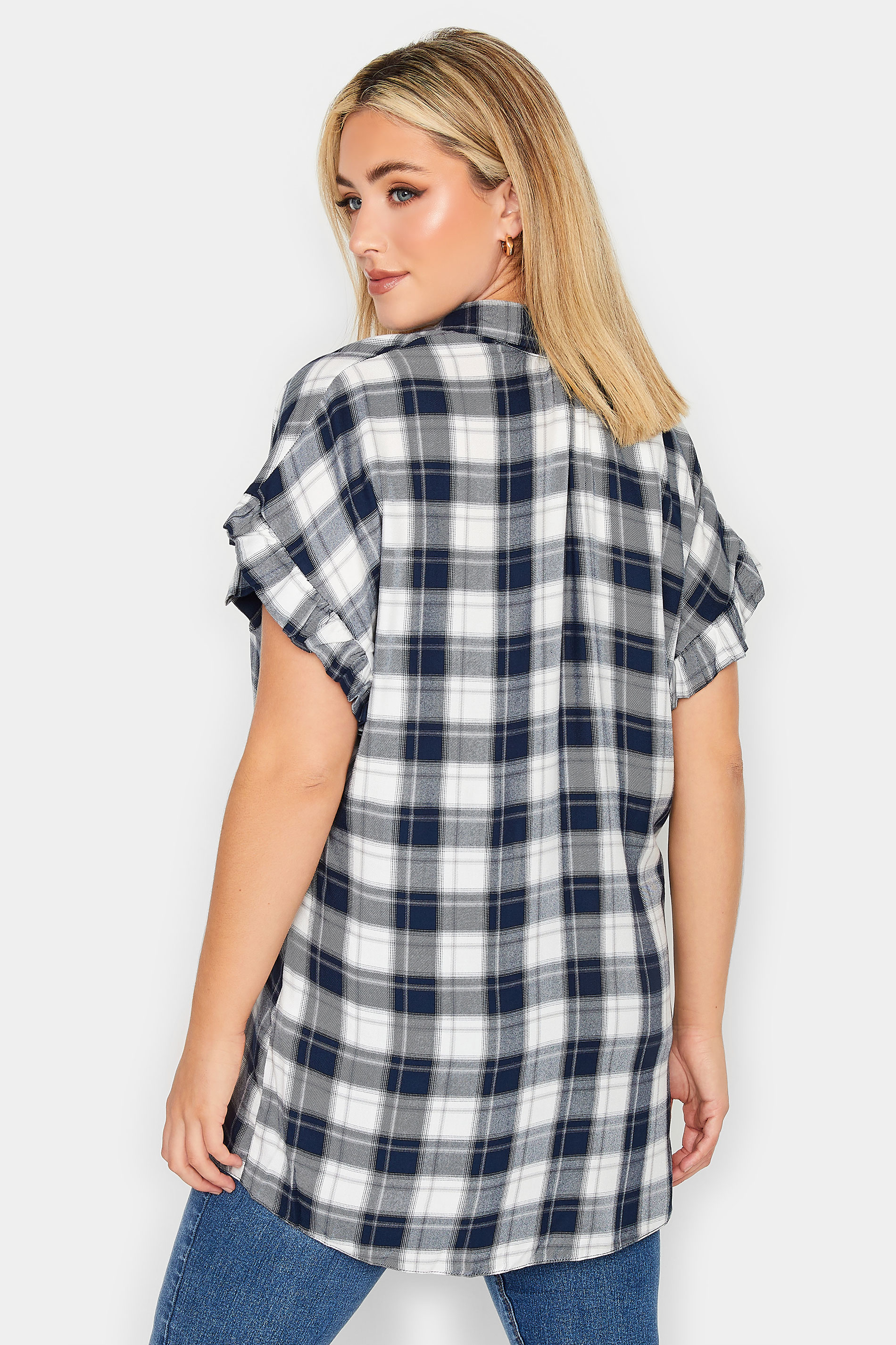 YOURS Plus Size Navy Blue Check Print Frill Sleeve Collared Shirt | Yours Clothing 3
