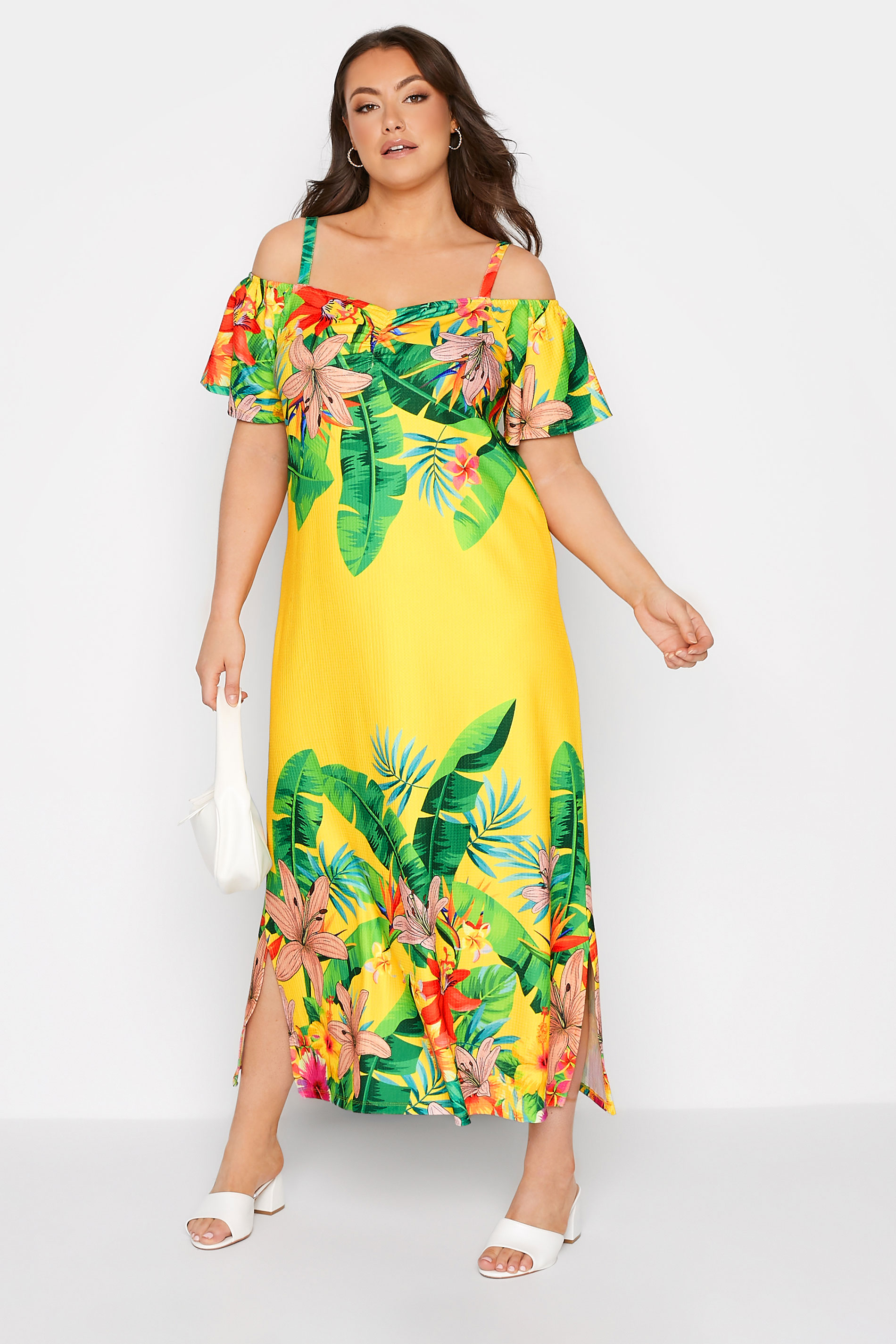 Robes Grande Taille Grande taille  Robes dÉté | Robe Jaune Bardot Imprimé Fleurs Tropicales - DQ07544