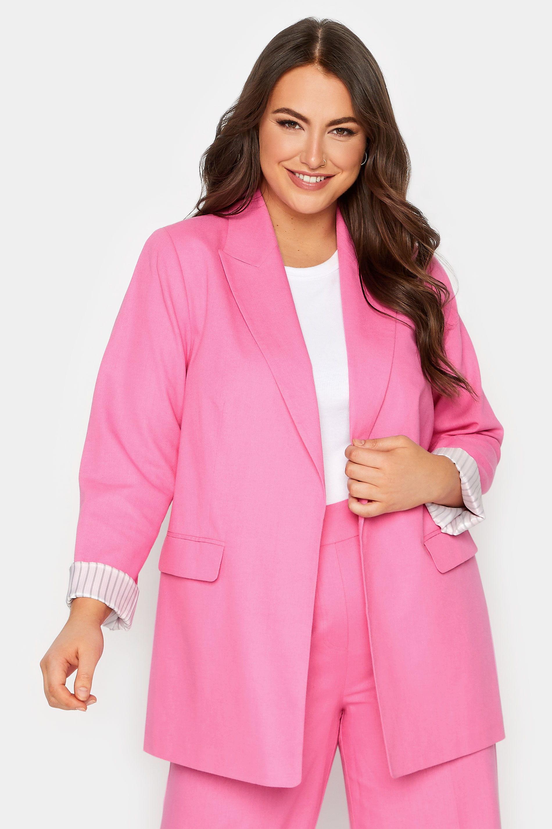 YOURS Plus Size Curve Pink Linen Blend Tailored Blazer | Yours Clothing 1