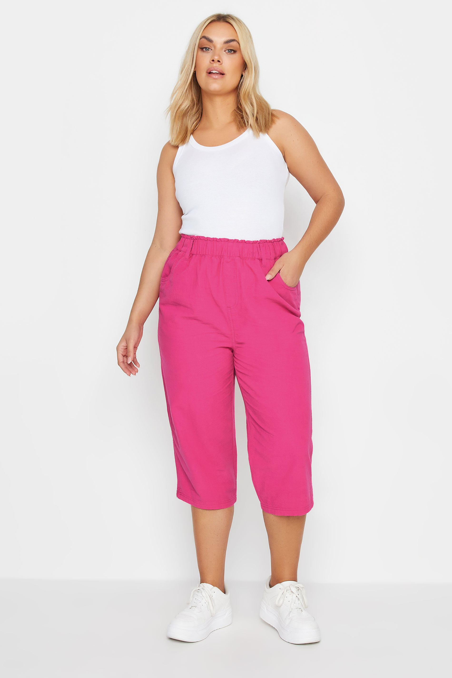 YOURS Plus Size Pink Cool Cotton Cropped Trousers | Yours Clothing 2
